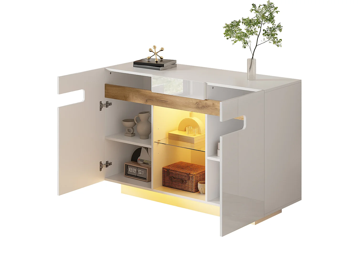 Buffet moderne 120x40x80cm - avec 2 portes - avec des lumières LED - verre + panneaux de particules - Blanc + Naturel