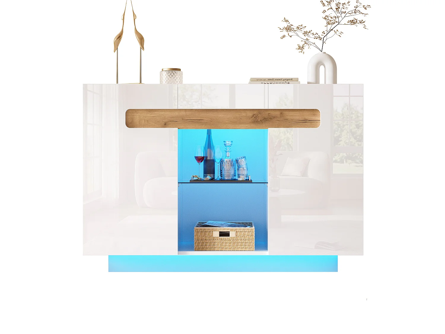 Buffet moderne 120x40x80cm - avec 2 portes - avec des lumières LED - verre + panneaux de particules - Blanc + Naturel