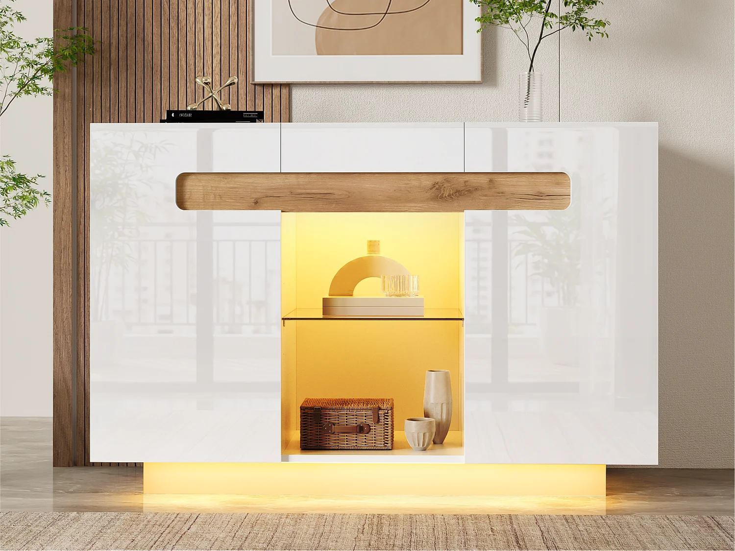 Buffet moderne 120x40x80cm - avec 2 portes - avec des lumières LED - verre + panneaux de particules - Blanc + Naturel