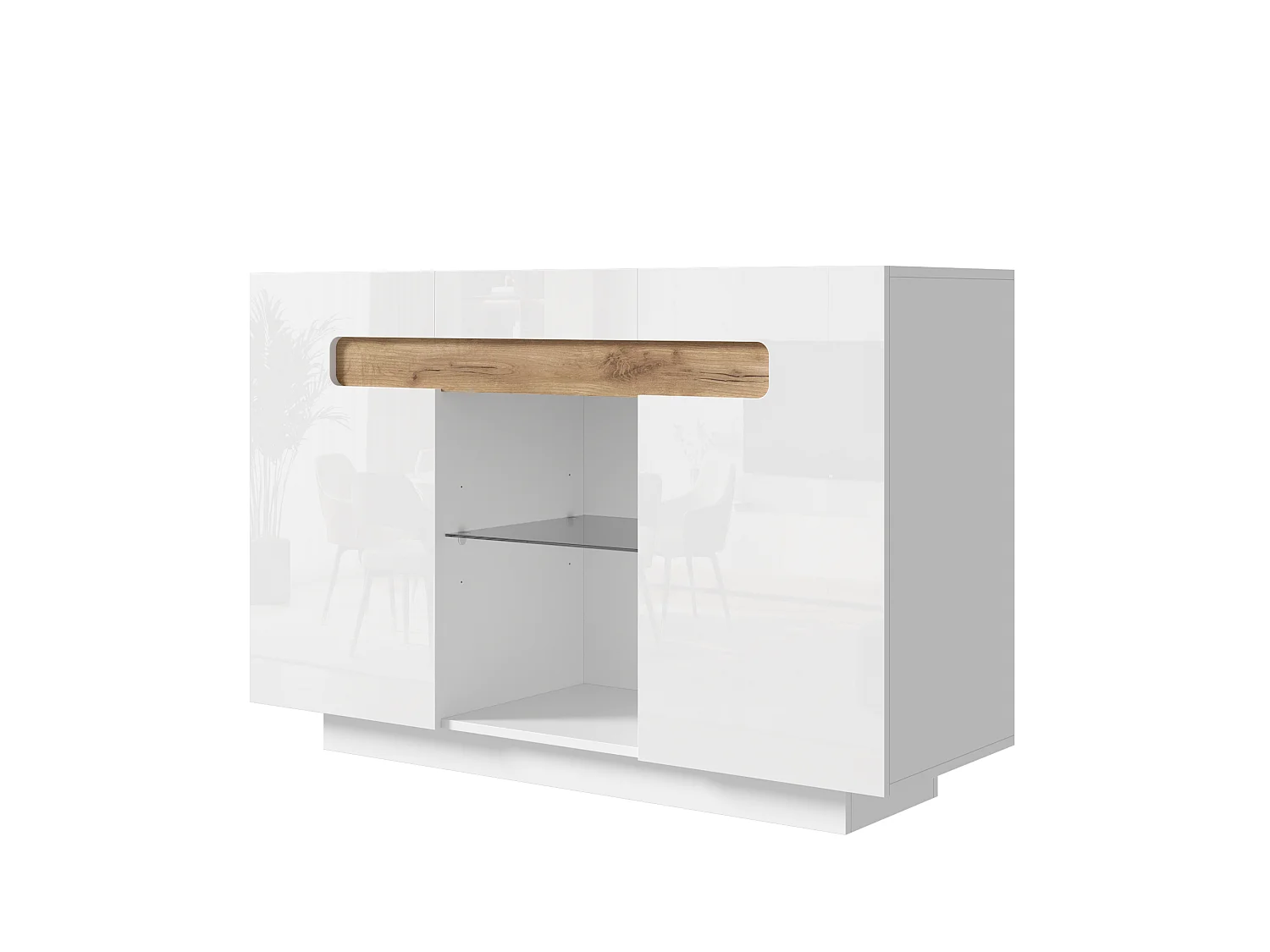 Buffet moderne 120x40x80cm - avec 2 portes - avec des lumières LED - verre + panneaux de particules - Blanc + Naturel