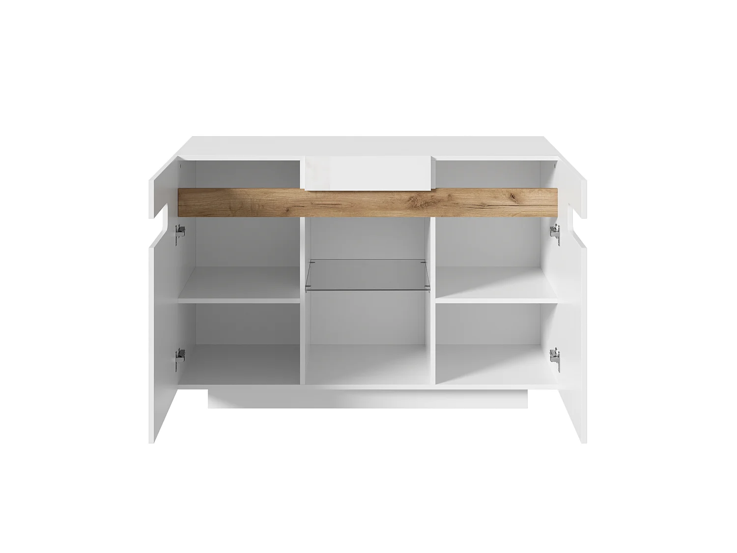 Buffet moderne 120x40x80cm - avec 2 portes - avec des lumières LED - verre + panneaux de particules - Blanc + Naturel