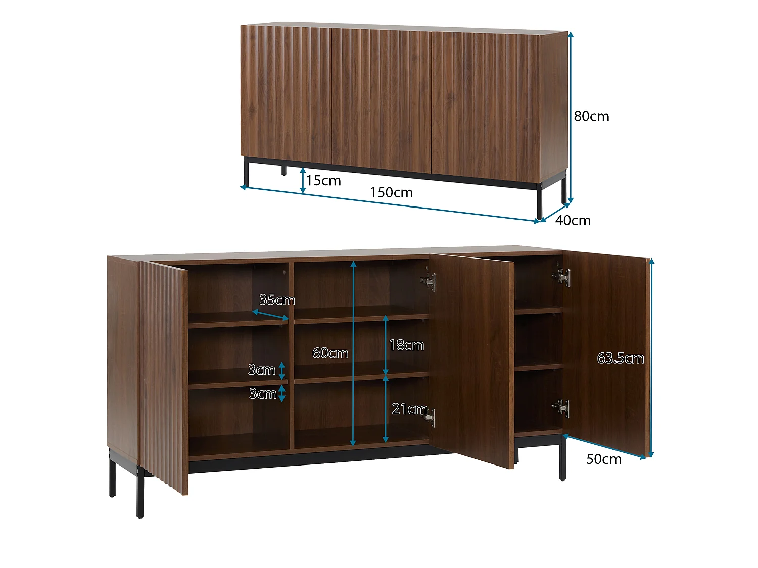 Modern sideboard 150x40x80cm - with 3 doors - Brown