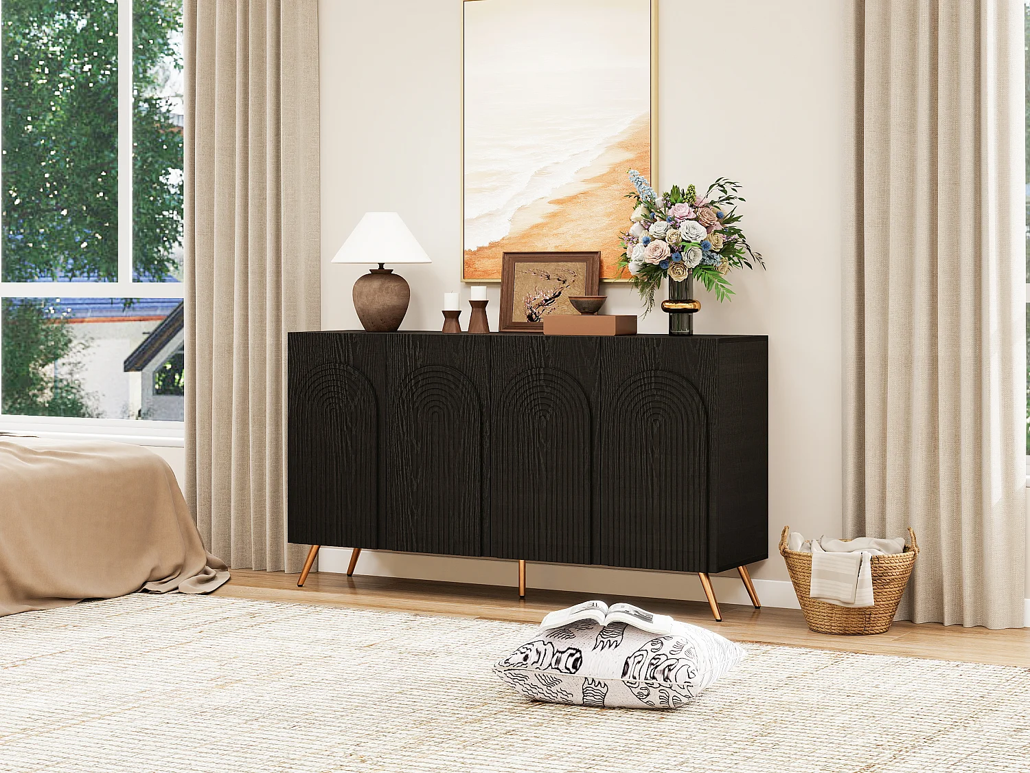 Dressoir met 4 deuren en verstelbare planken - Zwart 150 x 37 x 83,5 cm