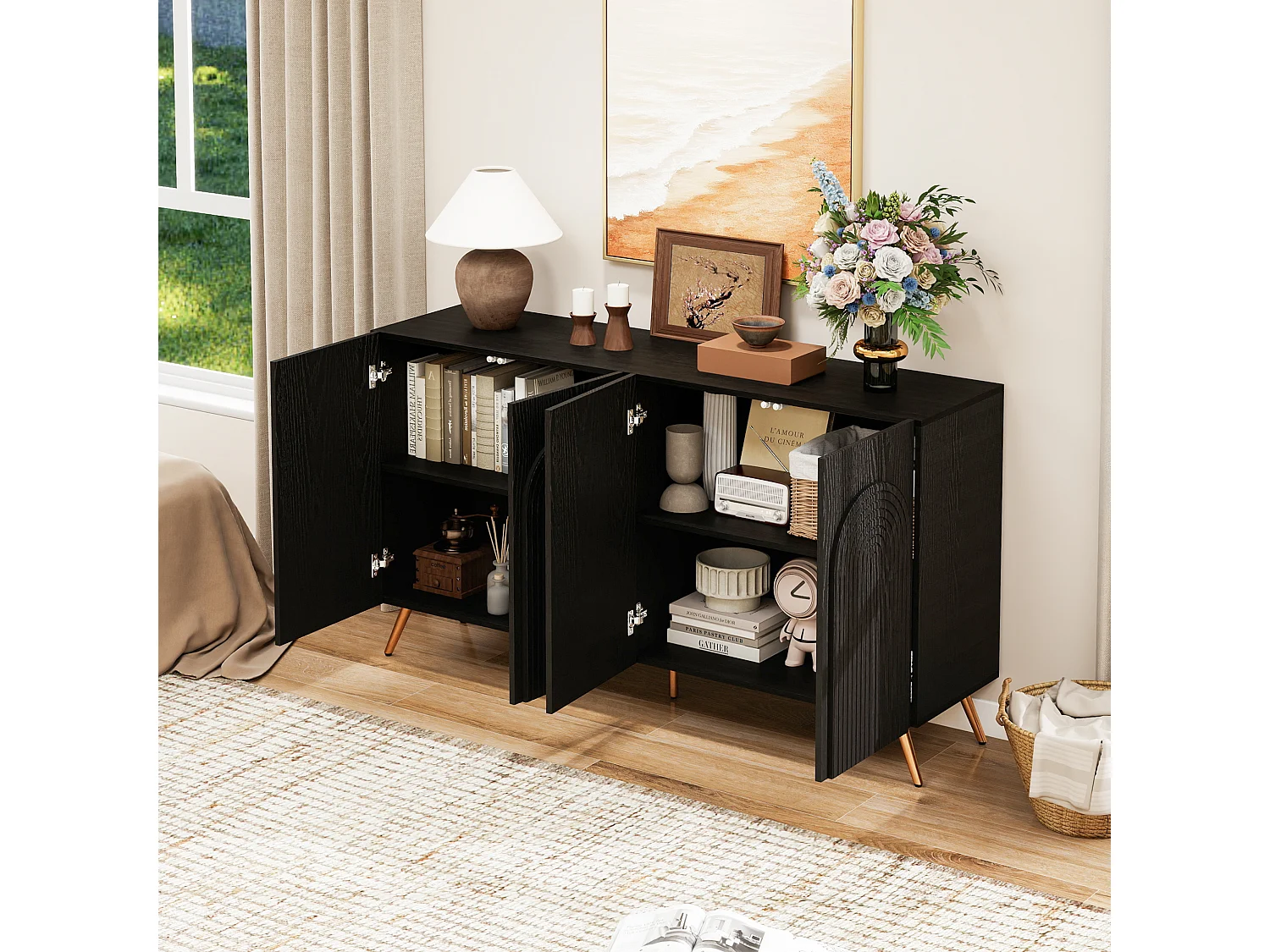Dressoir met 4 deuren en verstelbare planken - Zwart 150 x 37 x 83,5 cm