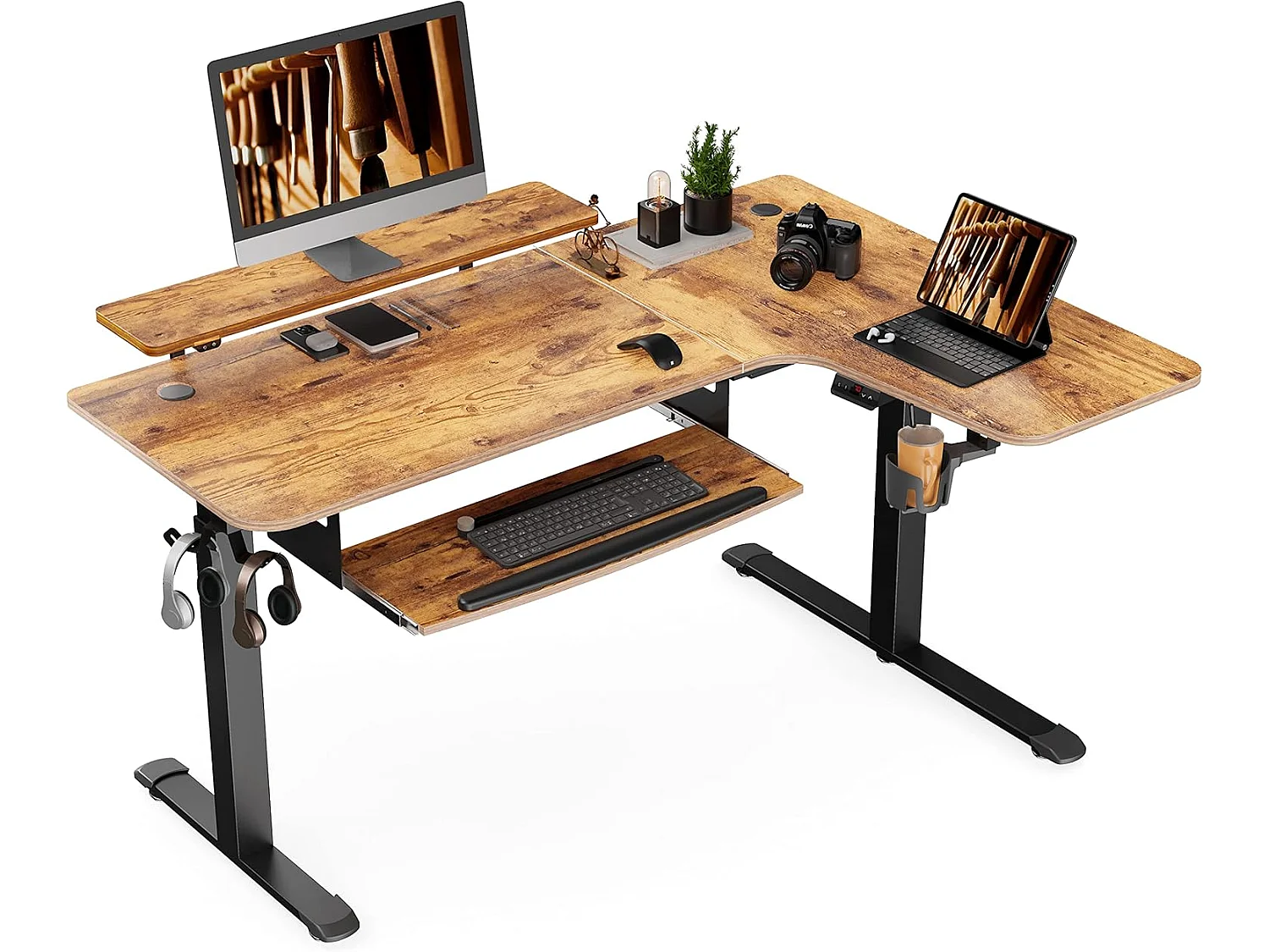 Bureau assis-debout électrique format L, grand bureau d'angle 155×110cm ergonomique. Hauteur ajustable, livré avec plateau clavier et support écran LED