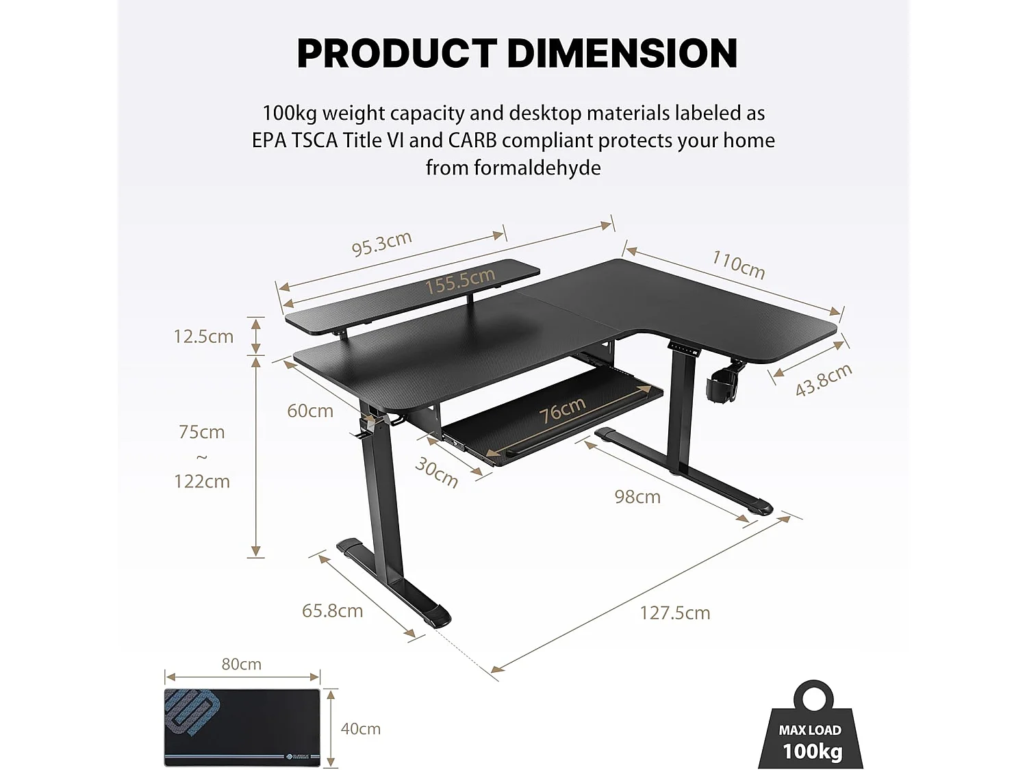 Bureau assis-debout électrique format L, grand bureau d'angle 155×110cm ergonomique. Hauteur ajustable, livré avec plateau clavier et support écran LED
