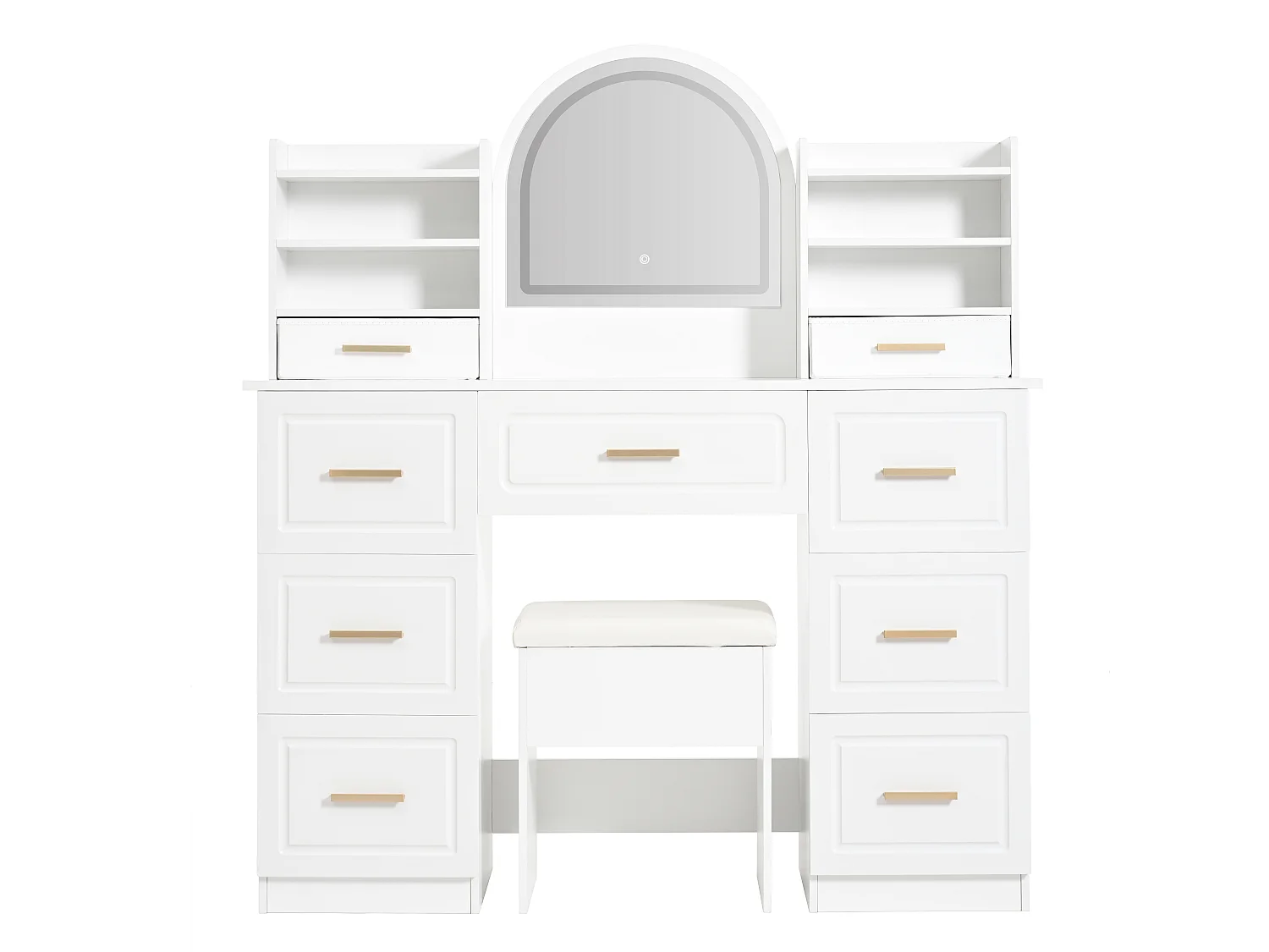 Coiffeuse avec miroir LED, 9 tiroirs et tabouret - Blanc 120 x 40 x 135 cm
