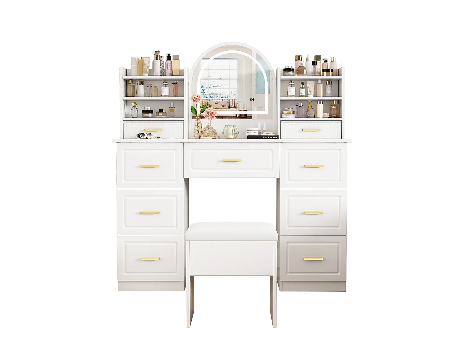 Coiffeuse avec miroir LED, 9 tiroirs et tabouret - Blanc 120 x 40 x 135 cm