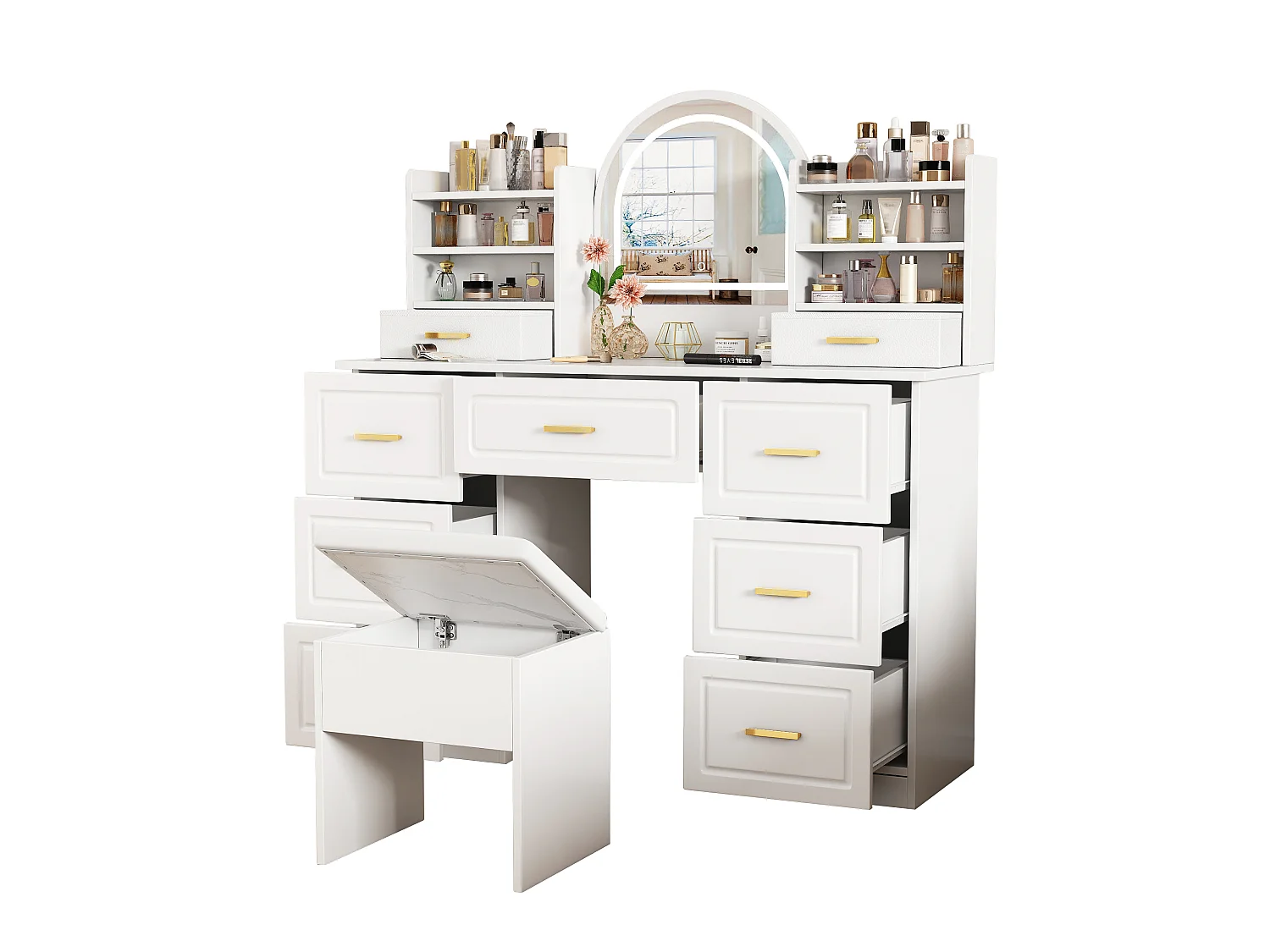 Coiffeuse avec miroir LED, 9 tiroirs et tabouret - Blanc 120 x 40 x 135 cm
