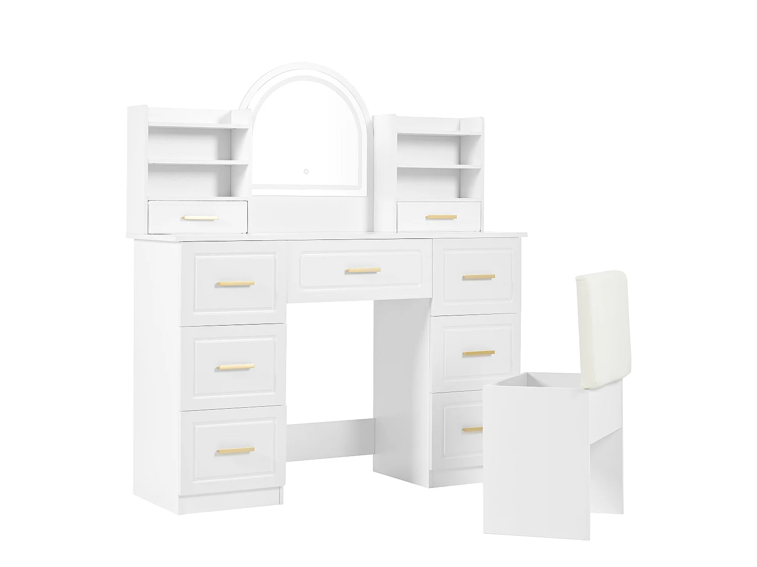 Coiffeuse avec miroir LED, 9 tiroirs et tabouret - Blanc 120 x 40 x 135 cm