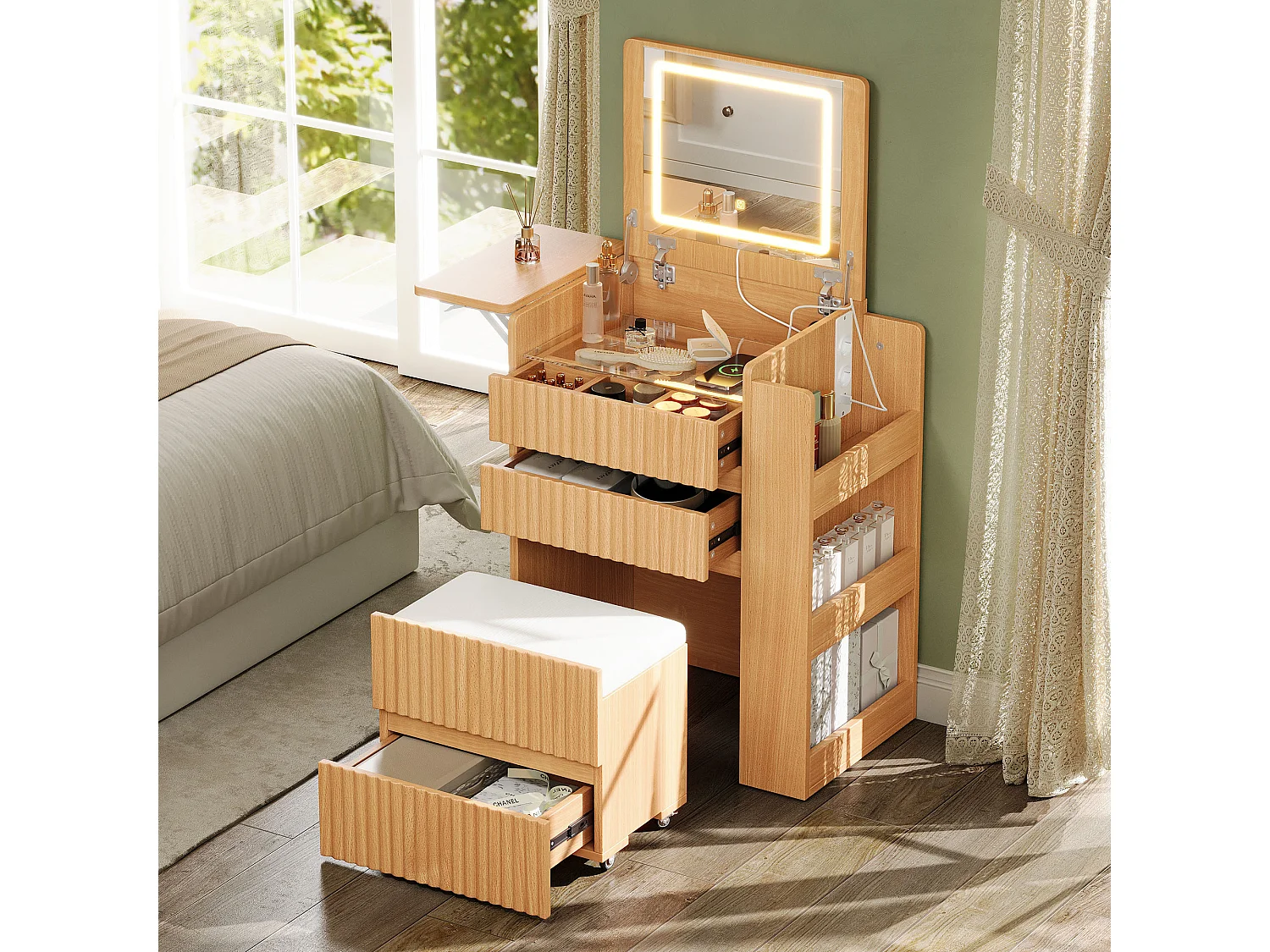 Coiffeuse avec miroir pliant 79x40x120cm - avec LED - 2 prises de courant, ports USB et Type-C - tabouret à roulettes - table d'appoint pliable - Naturel