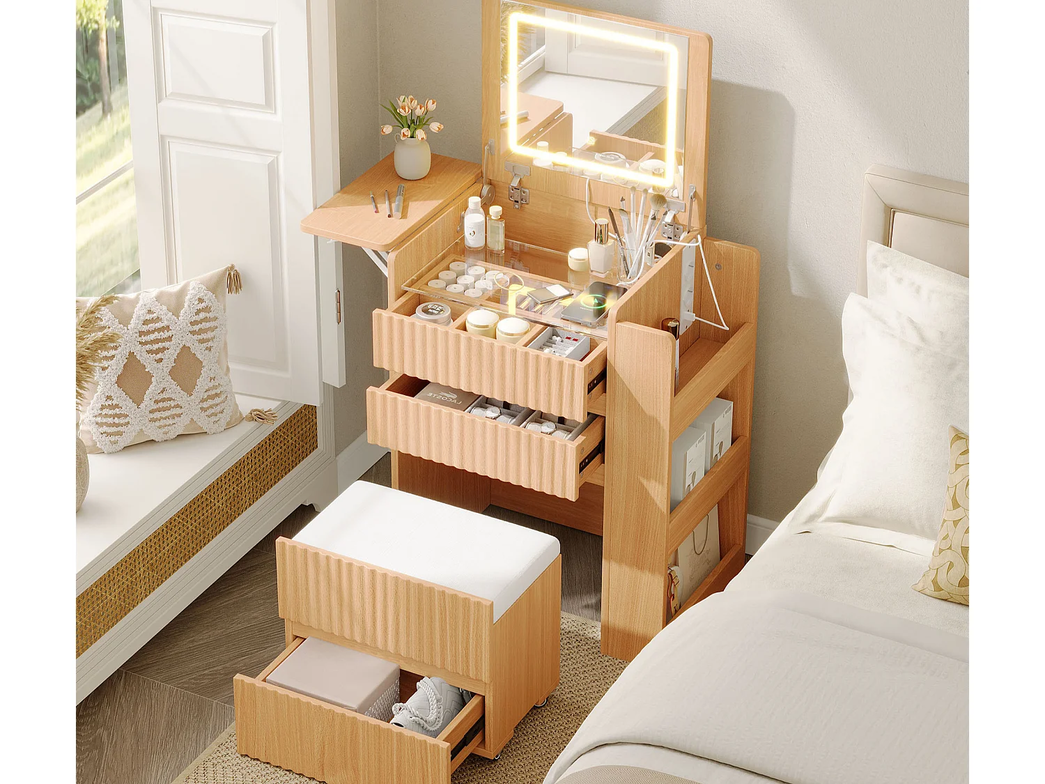 Coiffeuse avec miroir pliant 79x40x120cm - avec LED - 2 prises de courant, ports USB et Type-C - tabouret à roulettes - table d'appoint pliable - Naturel