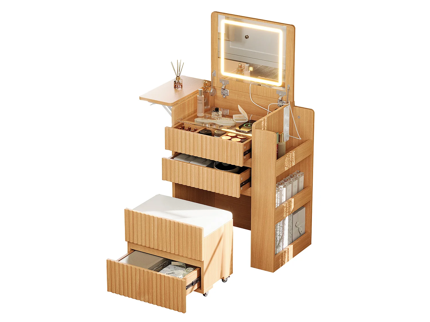 Coiffeuse avec miroir pliant 79x40x120cm - avec LED - 2 prises de courant, ports USB et Type-C - tabouret à roulettes - table d'appoint pliable - Naturel