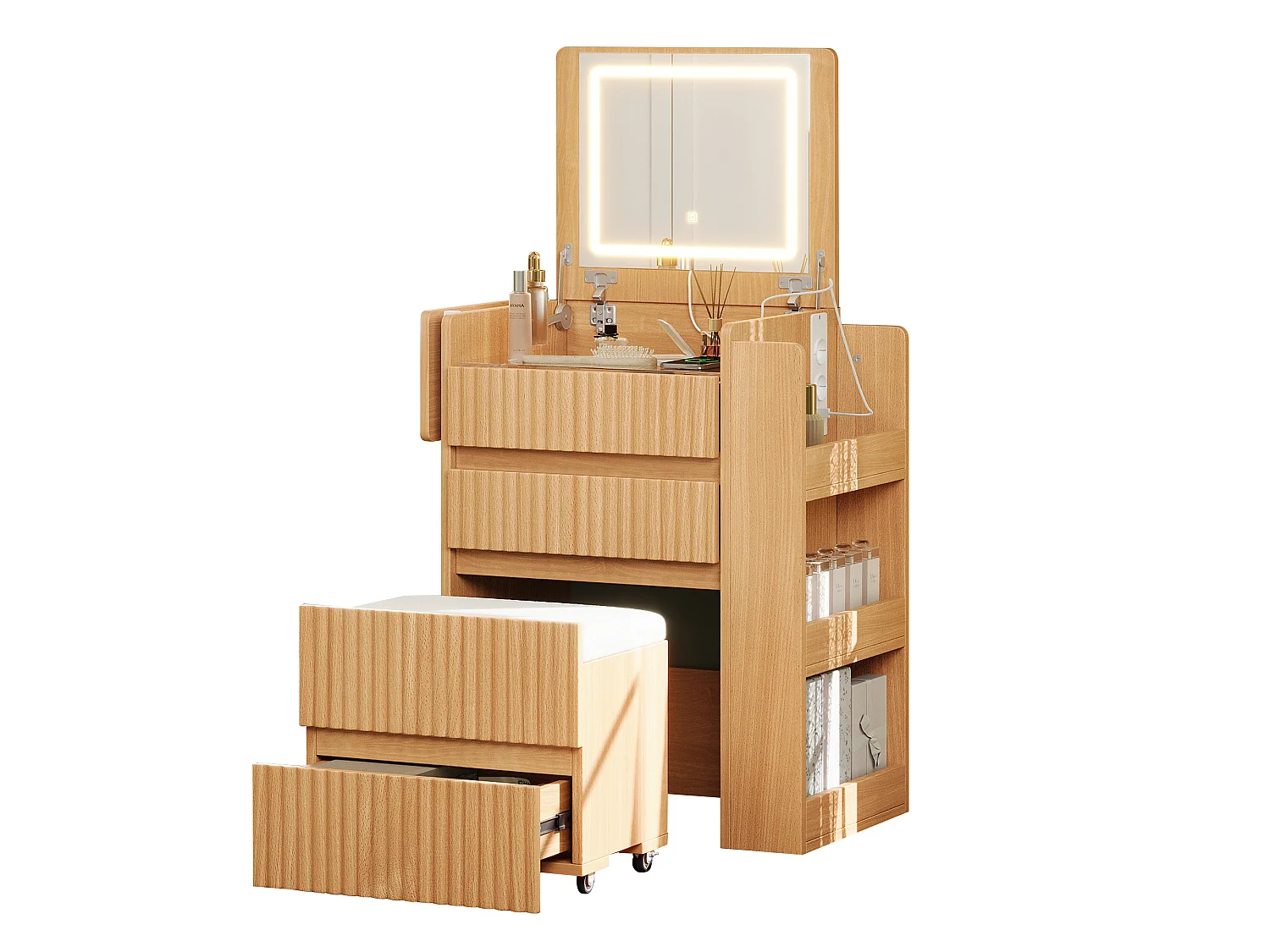 Coiffeuse avec miroir pliant 79x40x120cm - avec LED - 2 prises de courant, ports USB et Type-C - tabouret à roulettes - table d'appoint pliable - Naturel