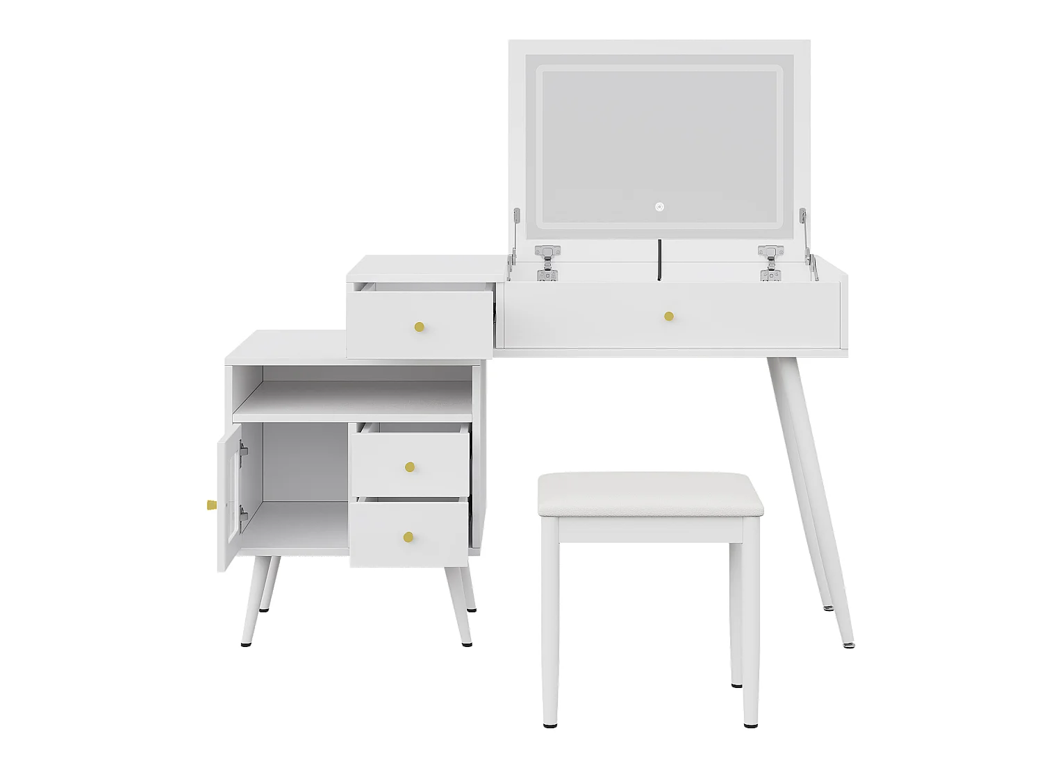 Penteadeira com espelho 120x50x77,5 cm - com LED ajustável - tampo dobrável - com 3 gavetas e 1 porta - com banco - Branco
