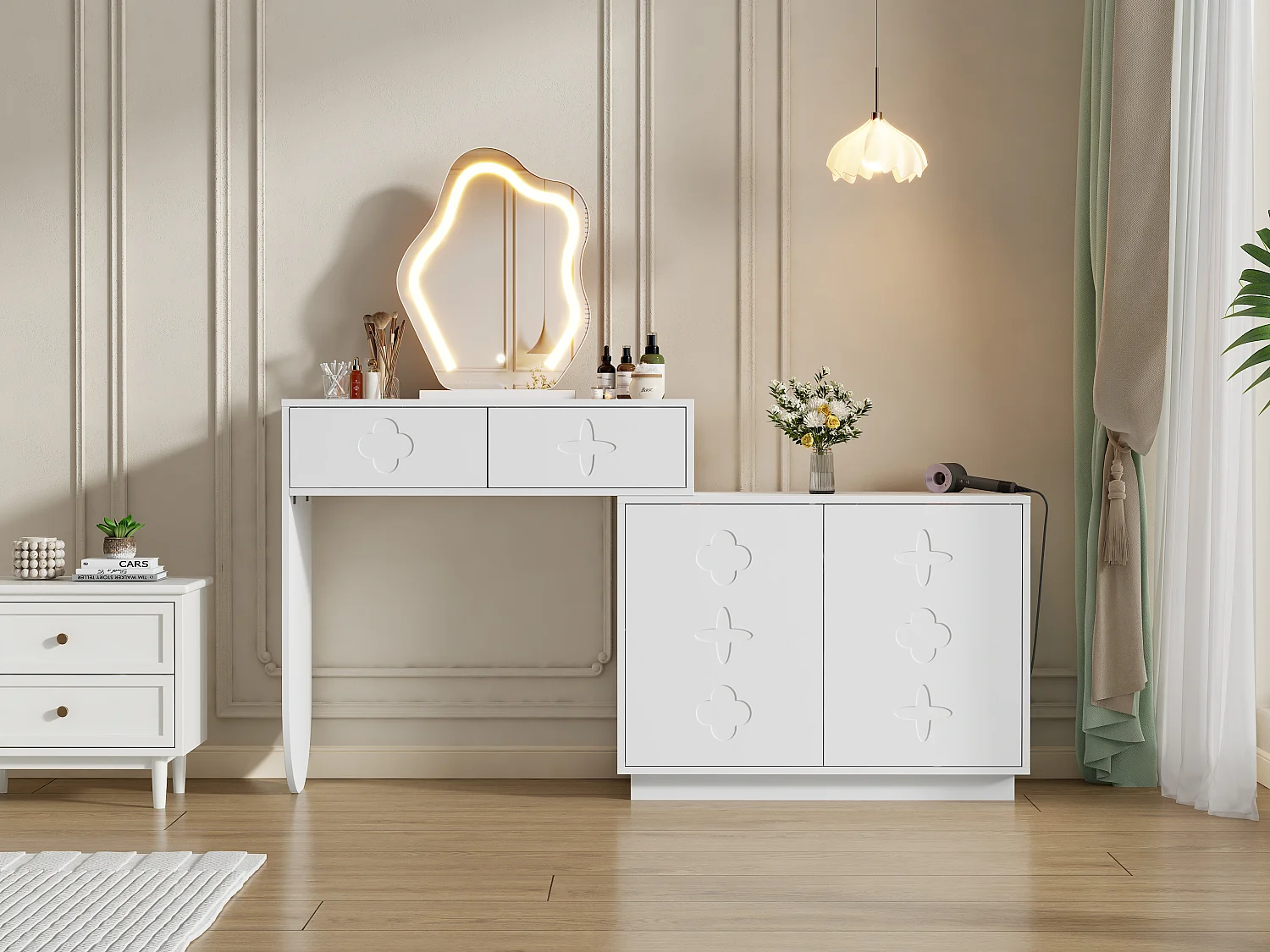 Sminkbord med LED-spegel, 2 lådor och 2 dörrar - Vit