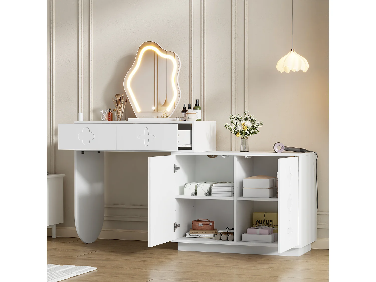 Sminkbord med LED-spegel, 2 lådor och 2 dörrar - Vit