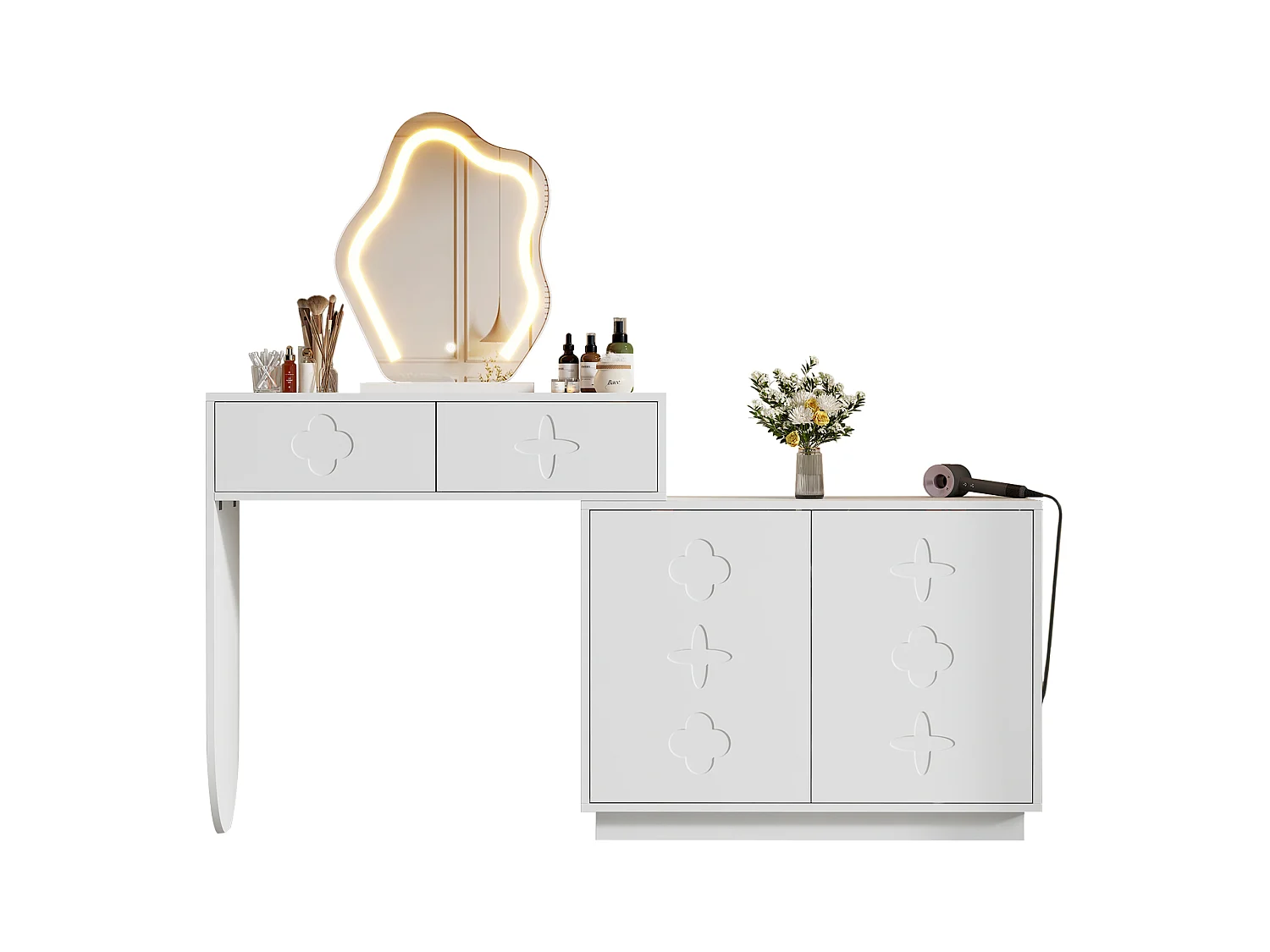 Sminkbord med LED-spegel, 2 lådor och 2 dörrar - Vit