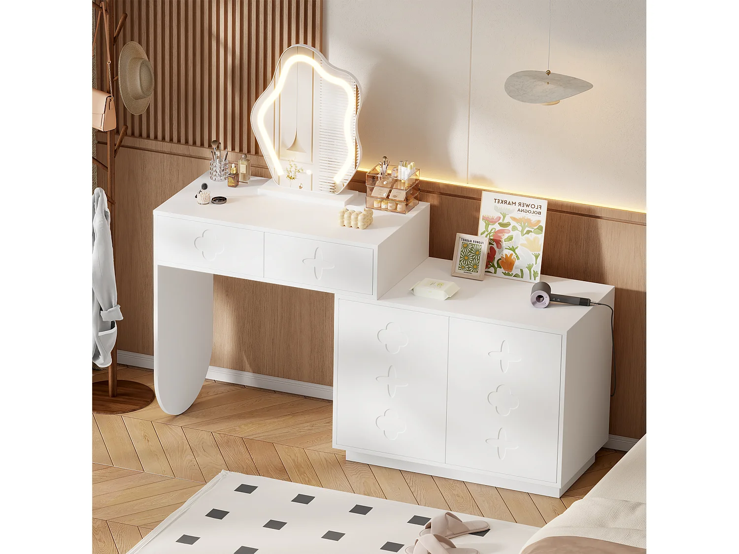 Sminkbord med LED-spegel, 2 lådor och 2 dörrar - Vit