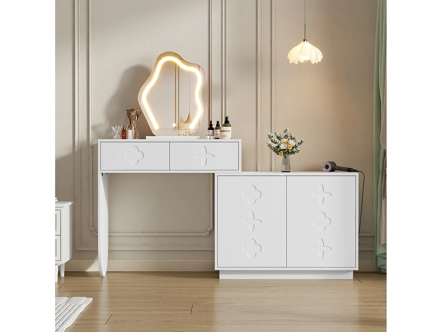 Sminkbord med LED-spegel, 2 lådor och 2 dörrar - Vit