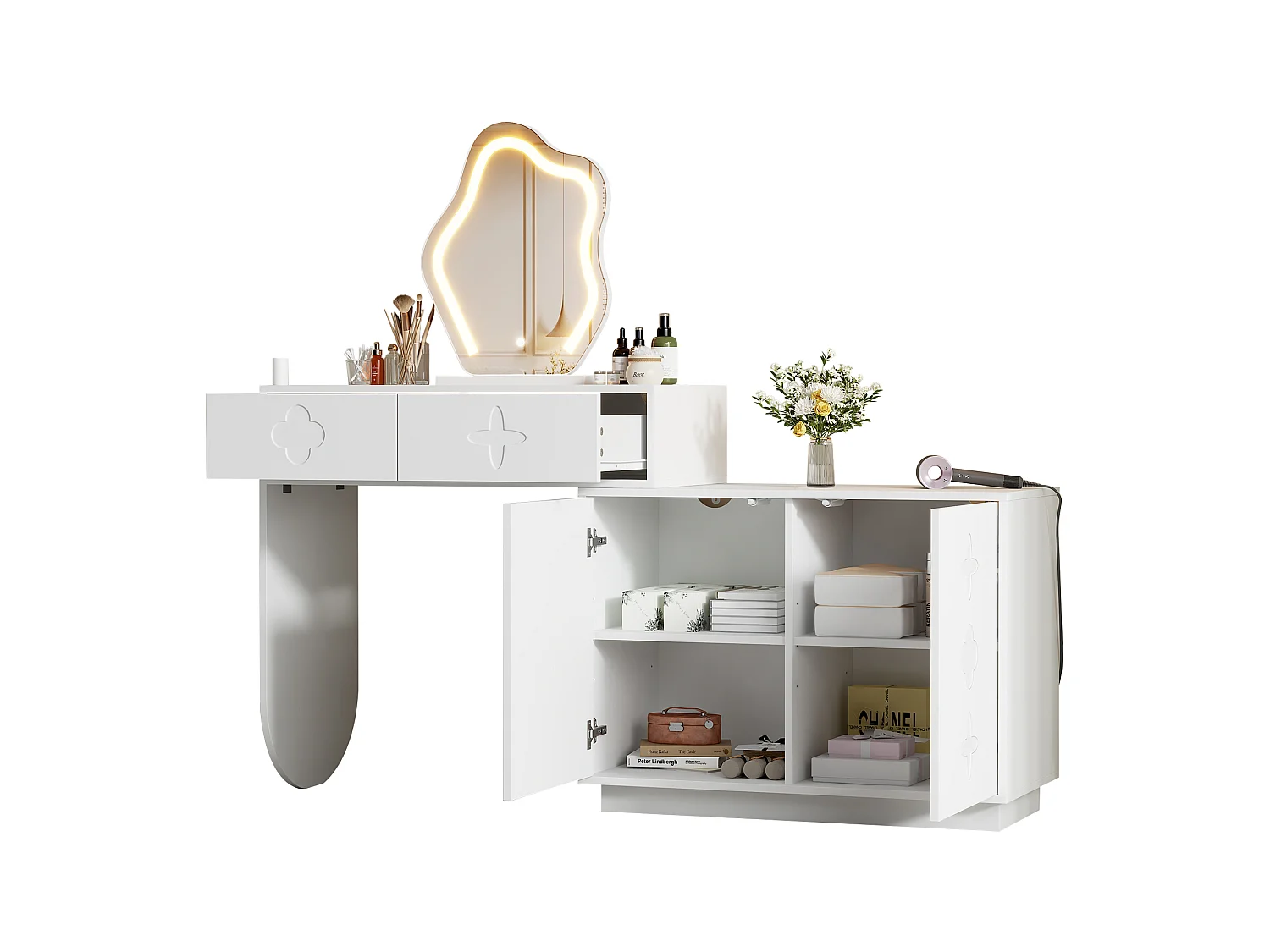 Sminkbord med LED-spegel, 2 lådor och 2 dörrar - Vit