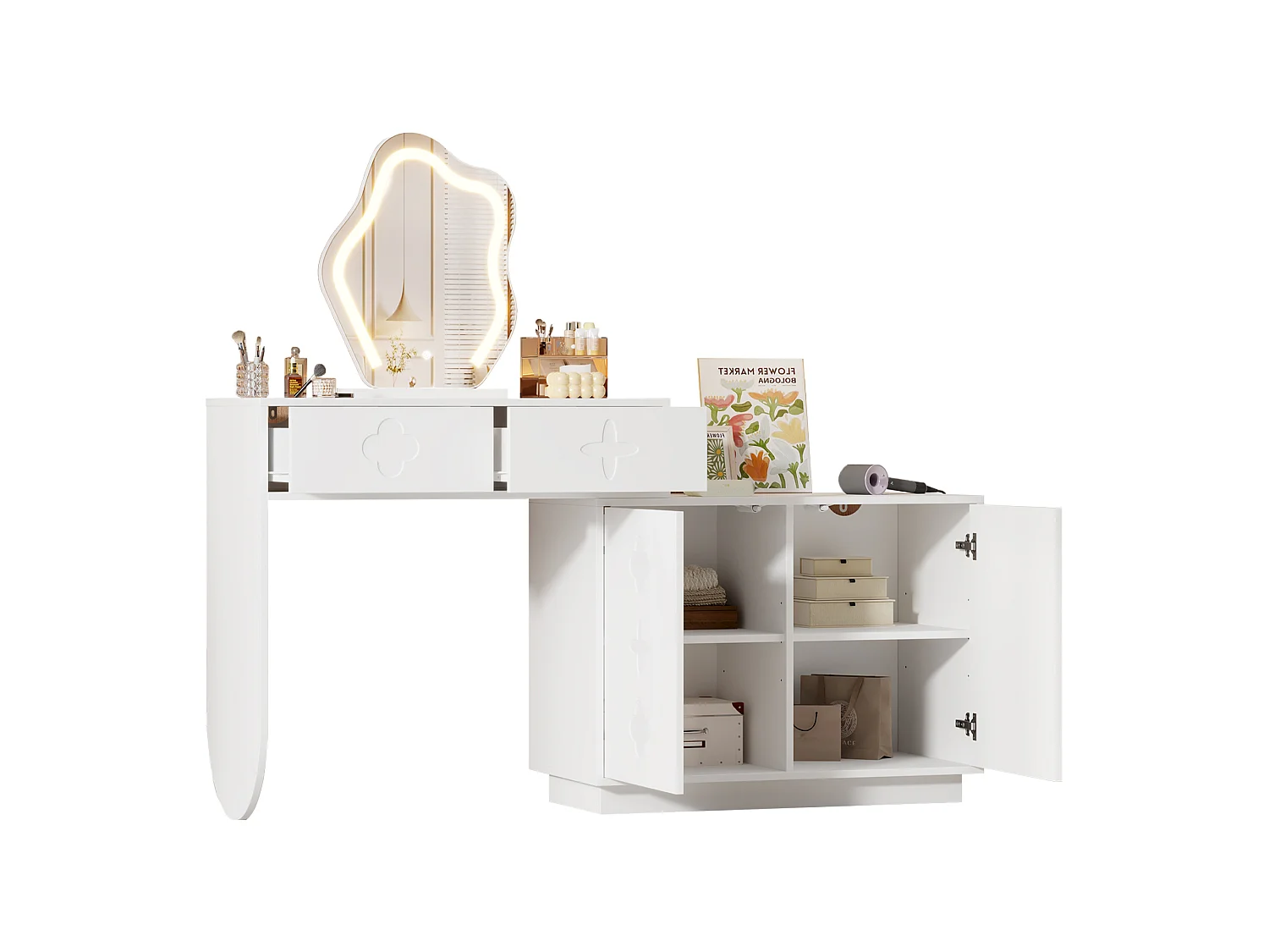 Sminkbord med LED-spegel, 2 lådor och 2 dörrar - Vit