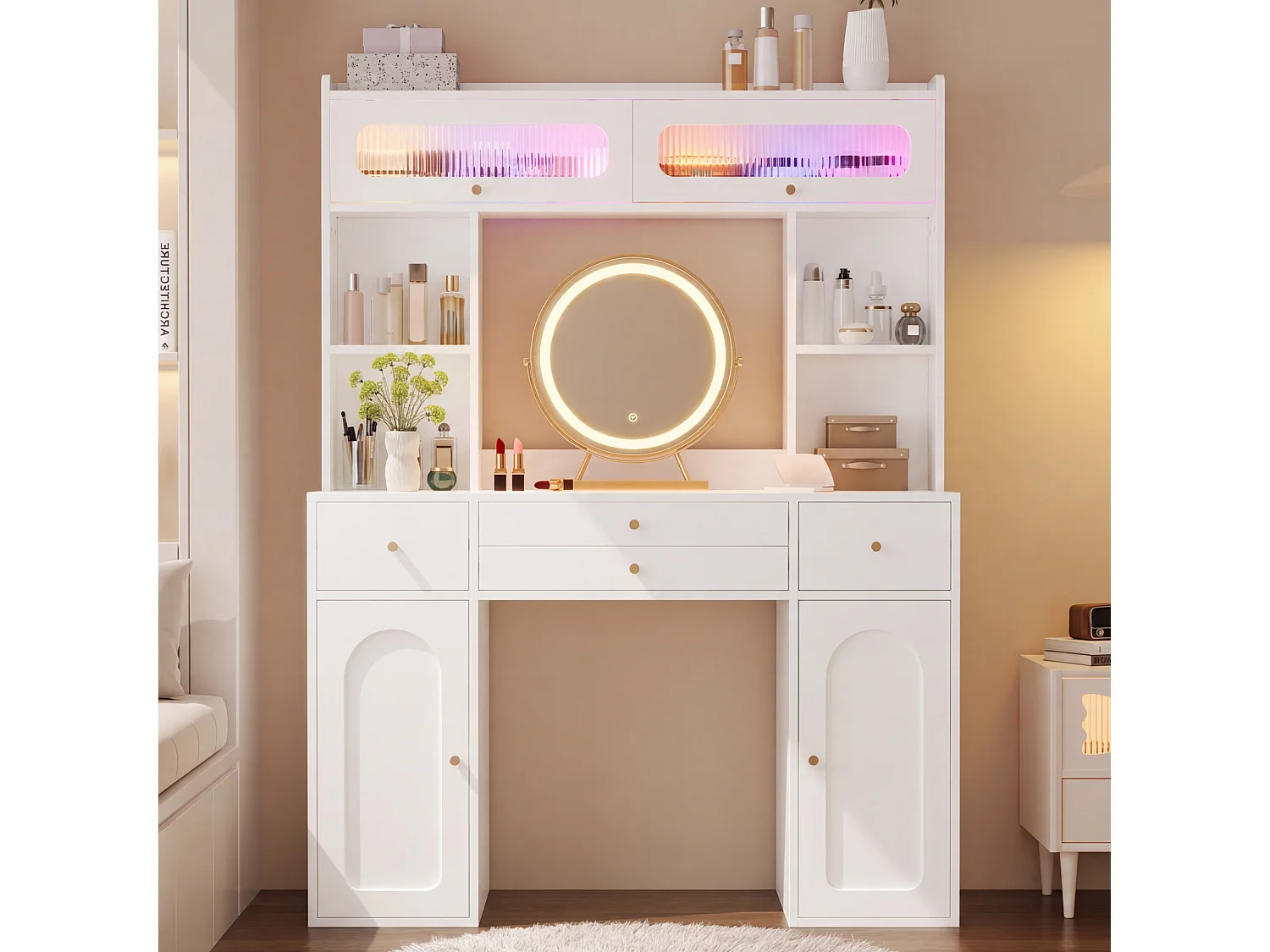 Garderobebord med spejl 120x40x160 cm - med justerbar LED - med 4 skuffer og 4 døre - åbne hylder - Hvid
