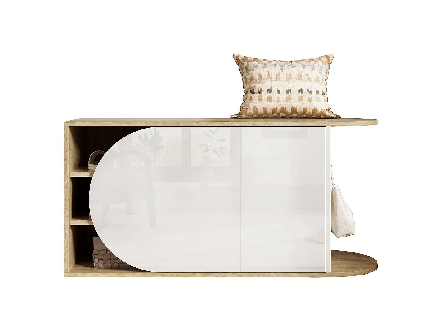 Mobile porta scarpe moderno / panca 104x37x50 cm - con 2 ante - con un gancio - Bianco+Naturale