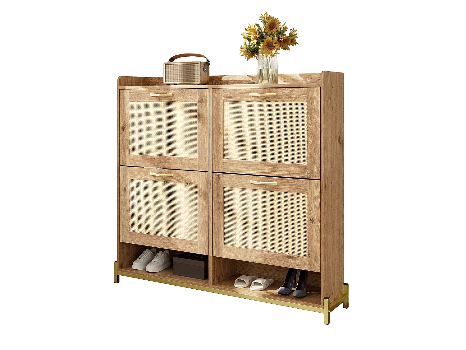 Modern Shoe Cabinet - with Rattan Doors - 4 Doors - Metal Frame - Natural