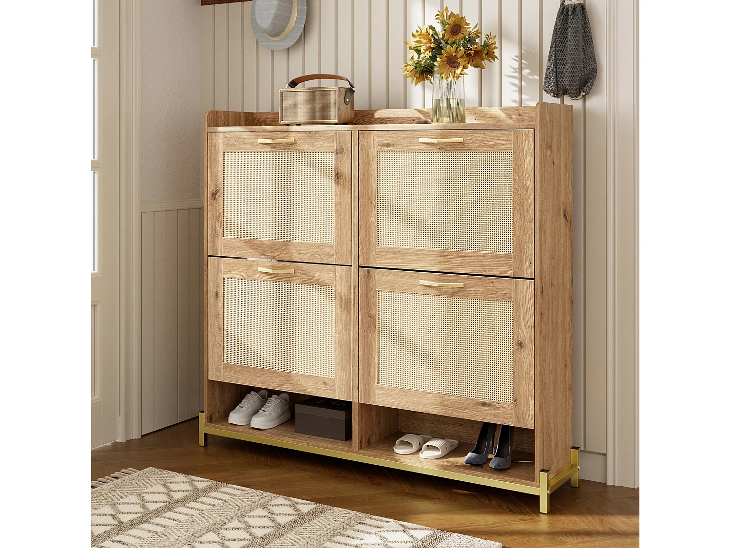 Modern Shoe Cabinet - with Rattan Doors - 4 Doors - Metal Frame - Natural