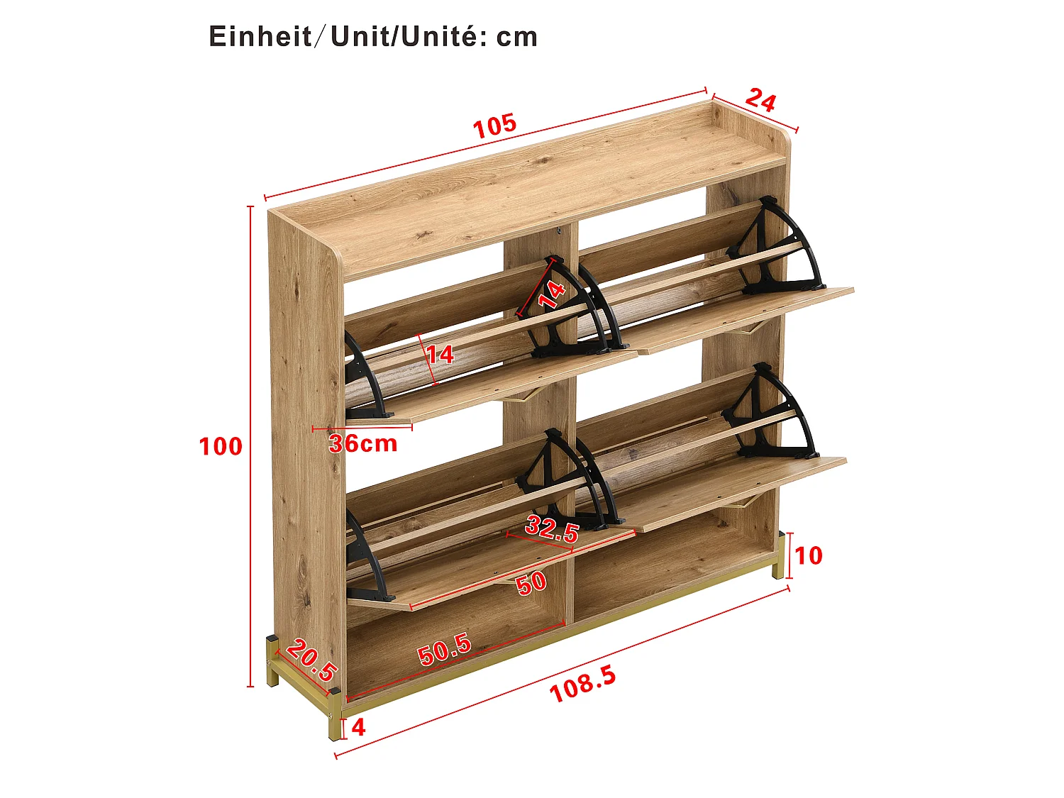 Modern Shoe Cabinet - with Rattan Doors - 4 Doors - Metal Frame - Natural