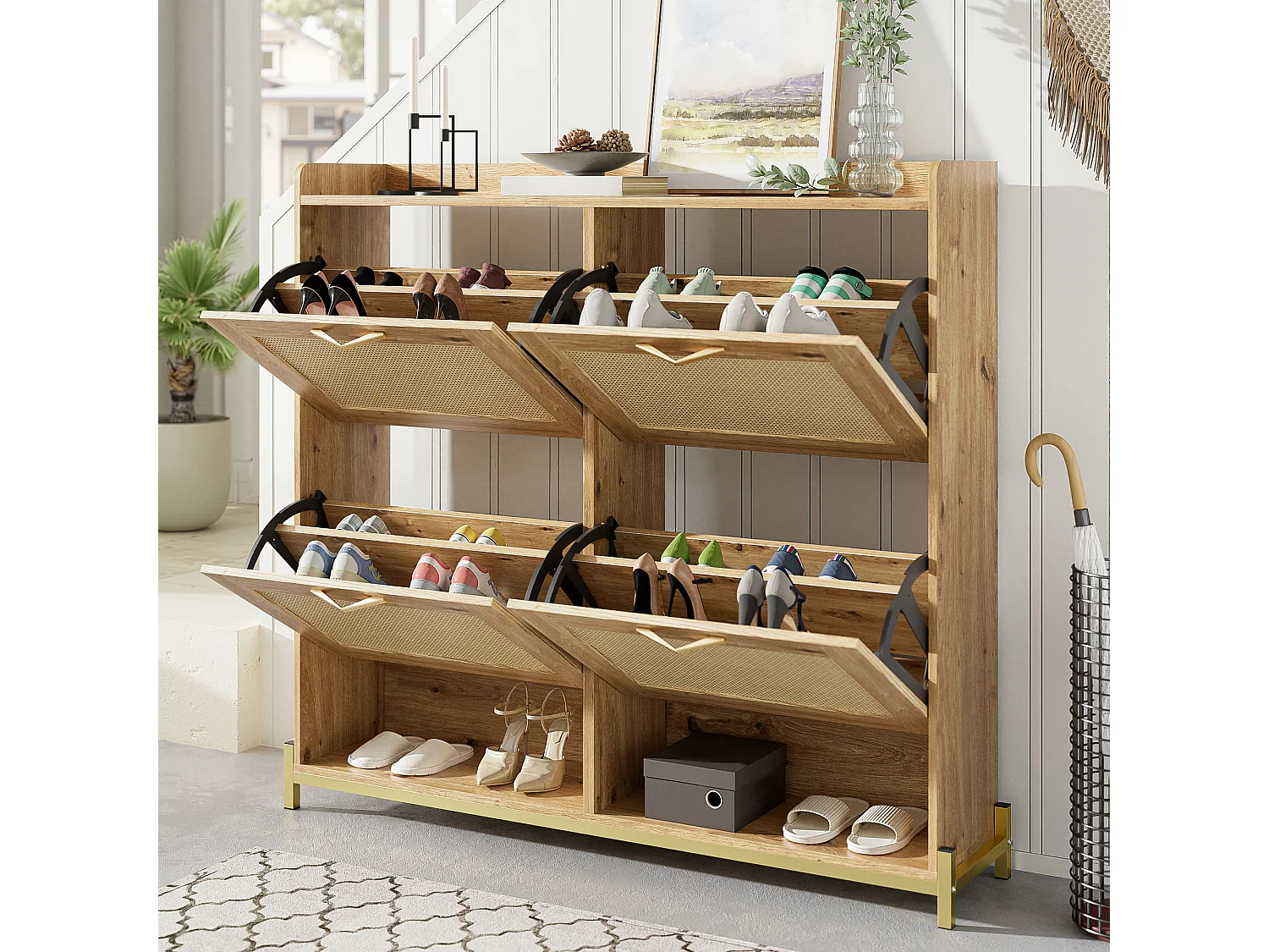Modern Shoe Cabinet - with Rattan Doors - 4 Doors - Metal Frame - Natural