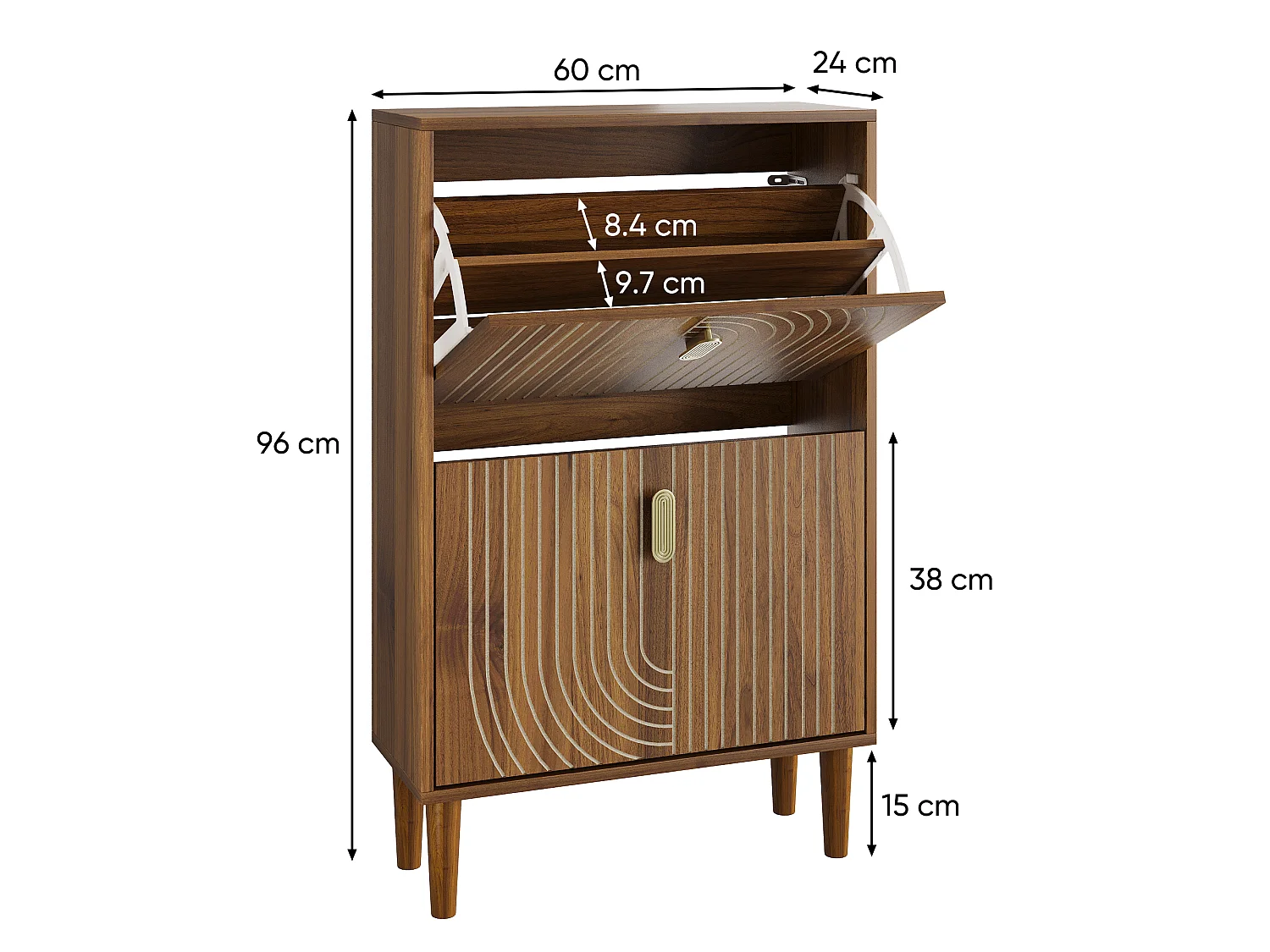 Meuble à chaussures avec 2 portes rabattables et poignées en métal - Marron