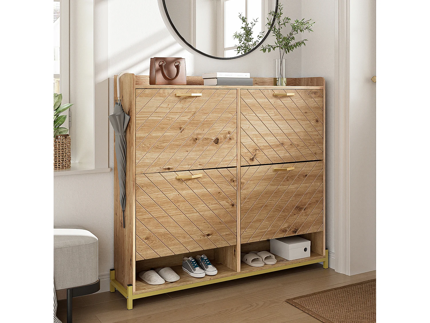 Modern Shoe Cabinet 108.5x24x100cm - with 4 Doors - MDF - Natural