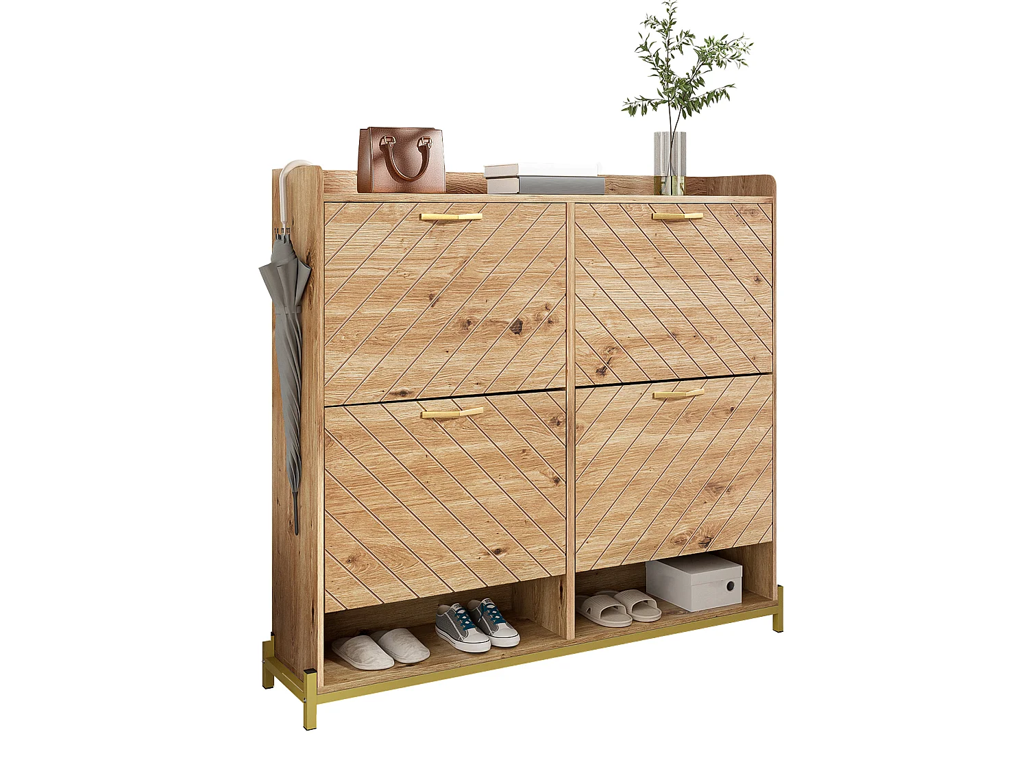 Modern Shoe Cabinet 108.5x24x100cm - with 4 Doors - MDF - Natural