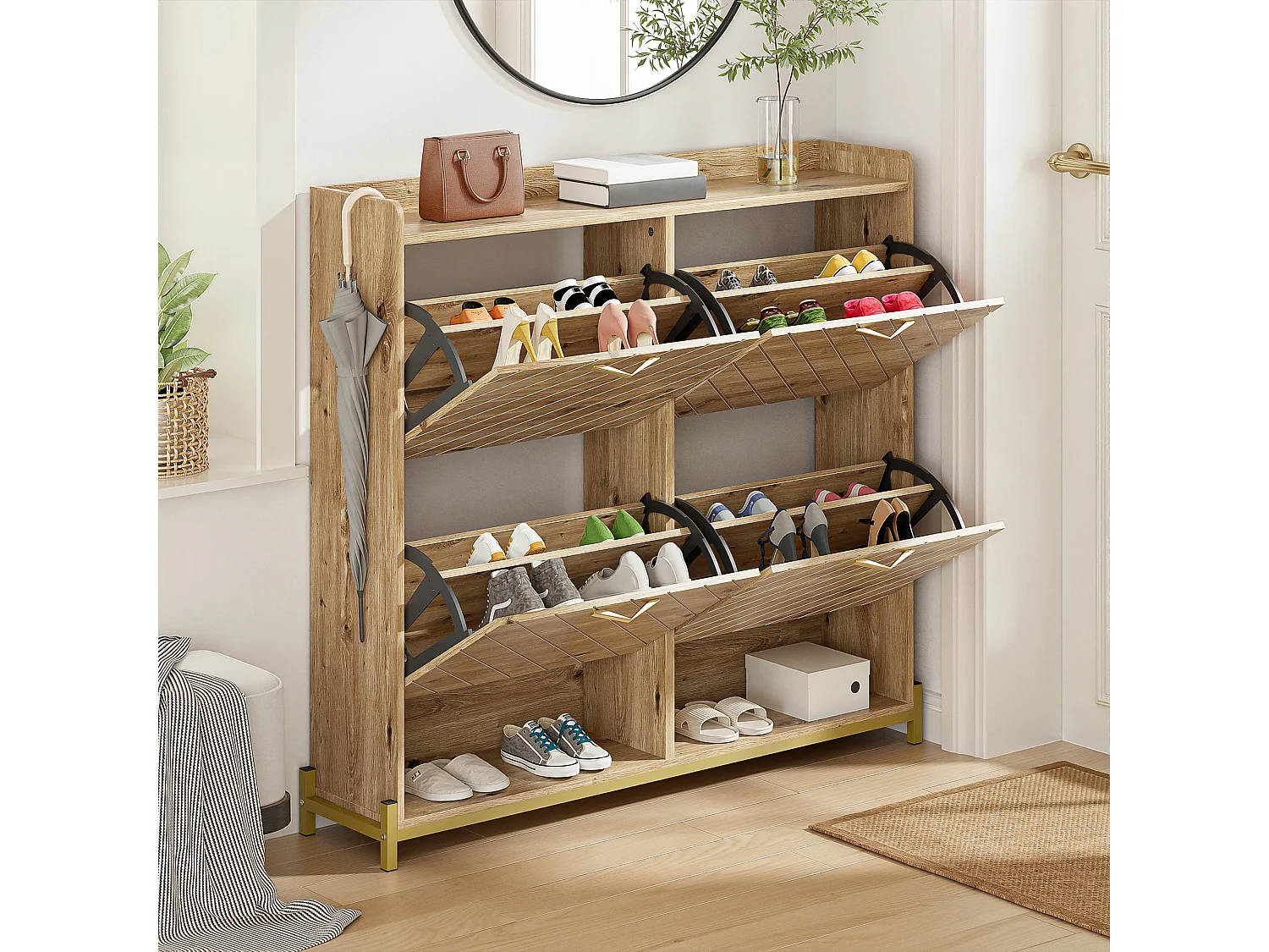 Modern Shoe Cabinet 108.5x24x100cm - with 4 Doors - MDF - Natural