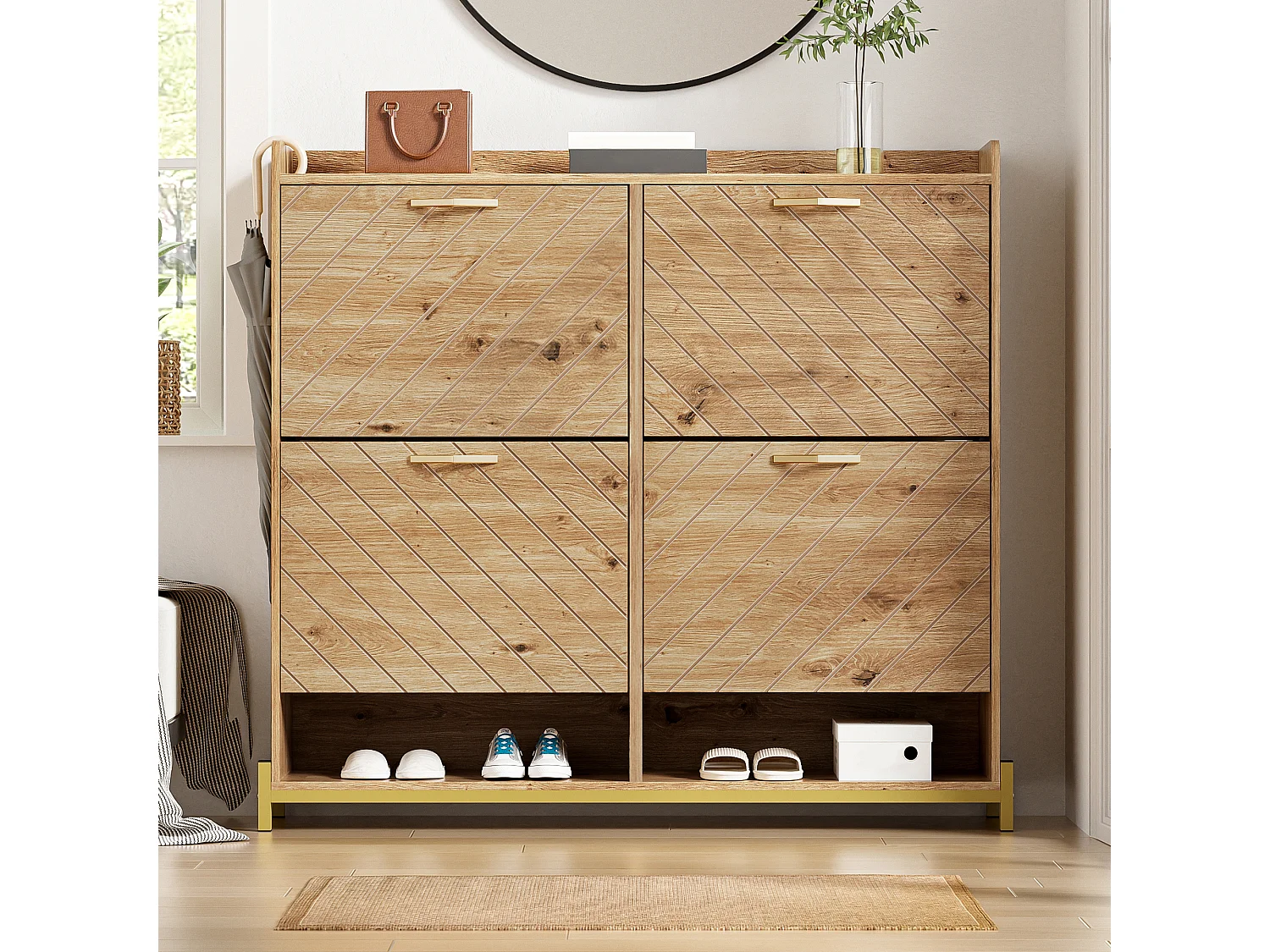 Modern Shoe Cabinet 108.5x24x100cm - with 4 Doors - MDF - Natural