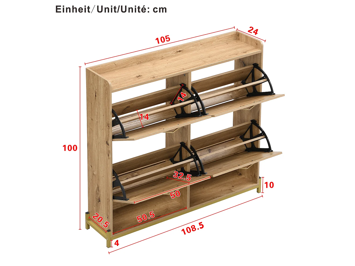 Modern Shoe Cabinet 108.5x24x100cm - with 4 Doors - MDF - Natural