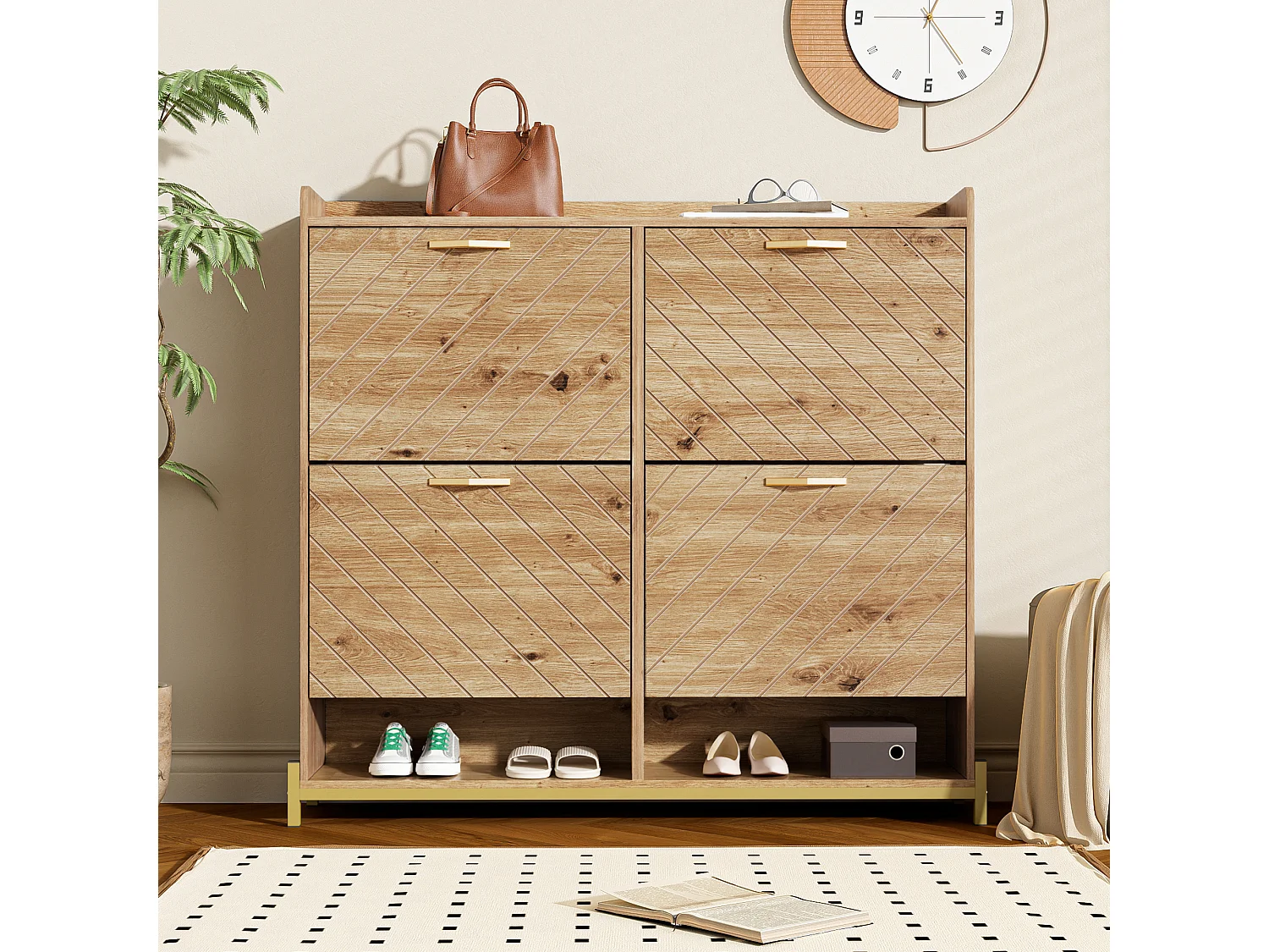 Modern Shoe Cabinet 108.5x24x100cm - with 4 Doors - MDF - Natural
