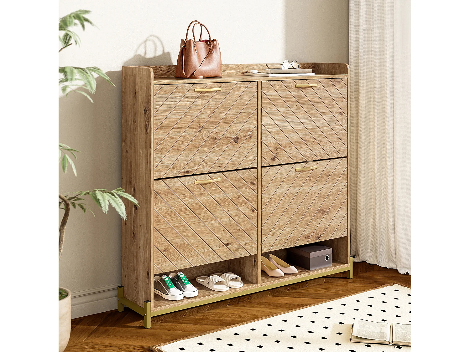 Modern Shoe Cabinet 108.5x24x100cm - with 4 Doors - MDF - Natural