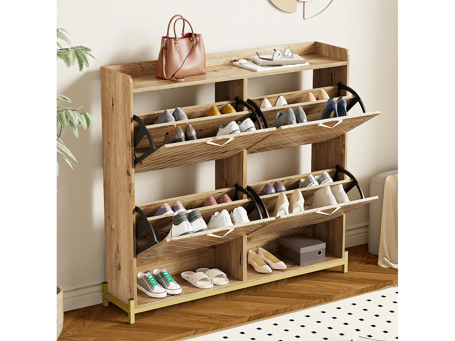 Modern Shoe Cabinet 108.5x24x100cm - with 4 Doors - MDF - Natural