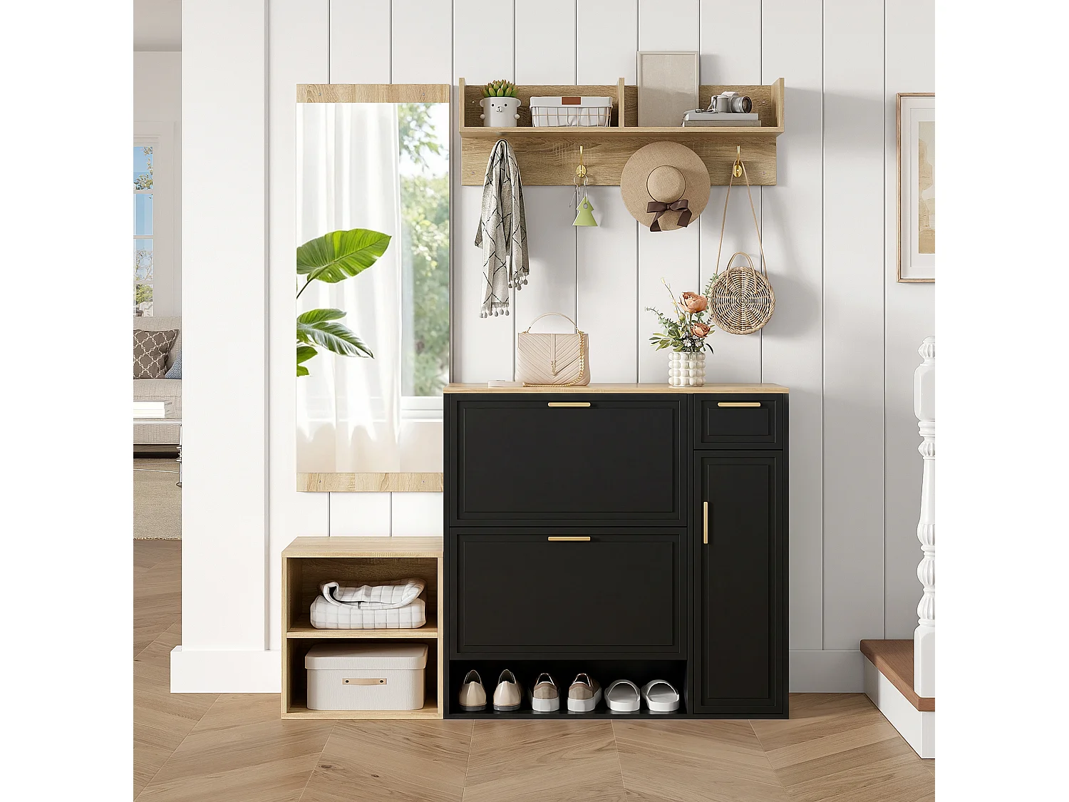 Set da 4 pezzi: scarpiera, panca, appendiabiti a parete e specchio - Nero e legno