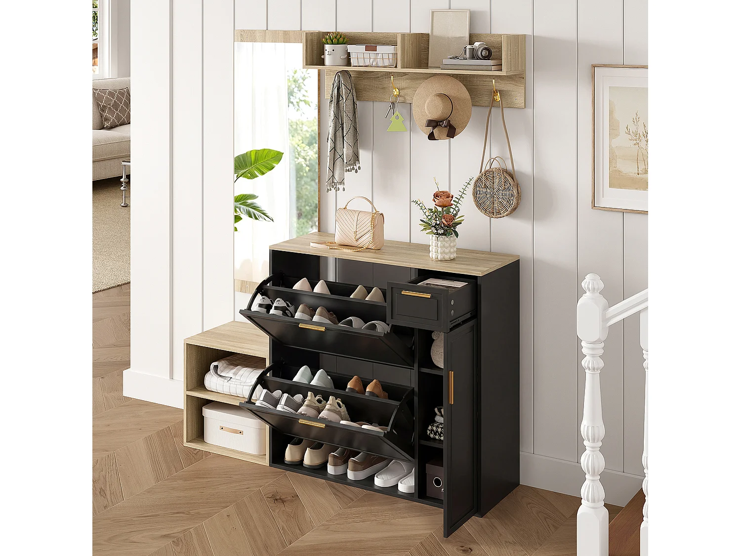 Set da 4 pezzi: scarpiera, panca, appendiabiti a parete e specchio - Nero e legno