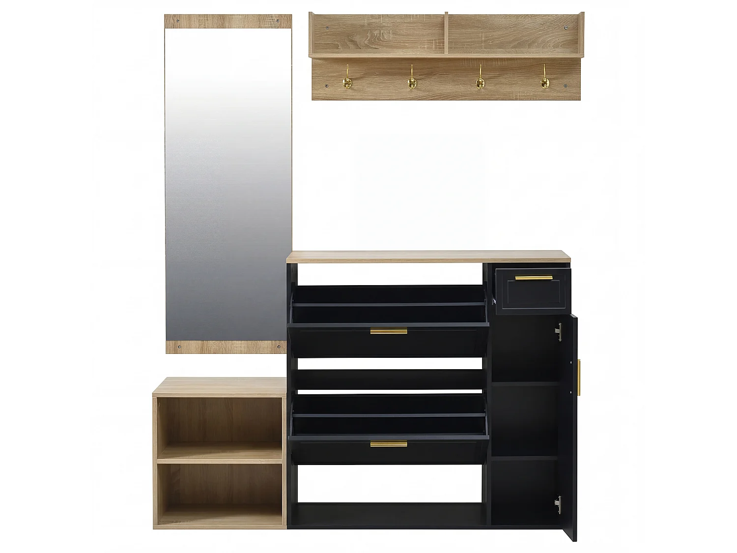Set da 4 pezzi: scarpiera, panca, appendiabiti a parete e specchio - Nero e legno