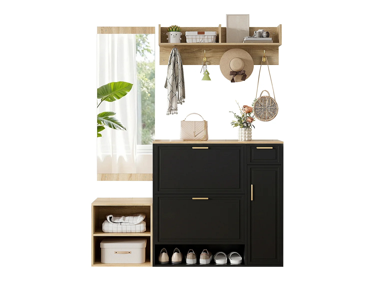 Set da 4 pezzi: scarpiera, panca, appendiabiti a parete e specchio - Nero e legno