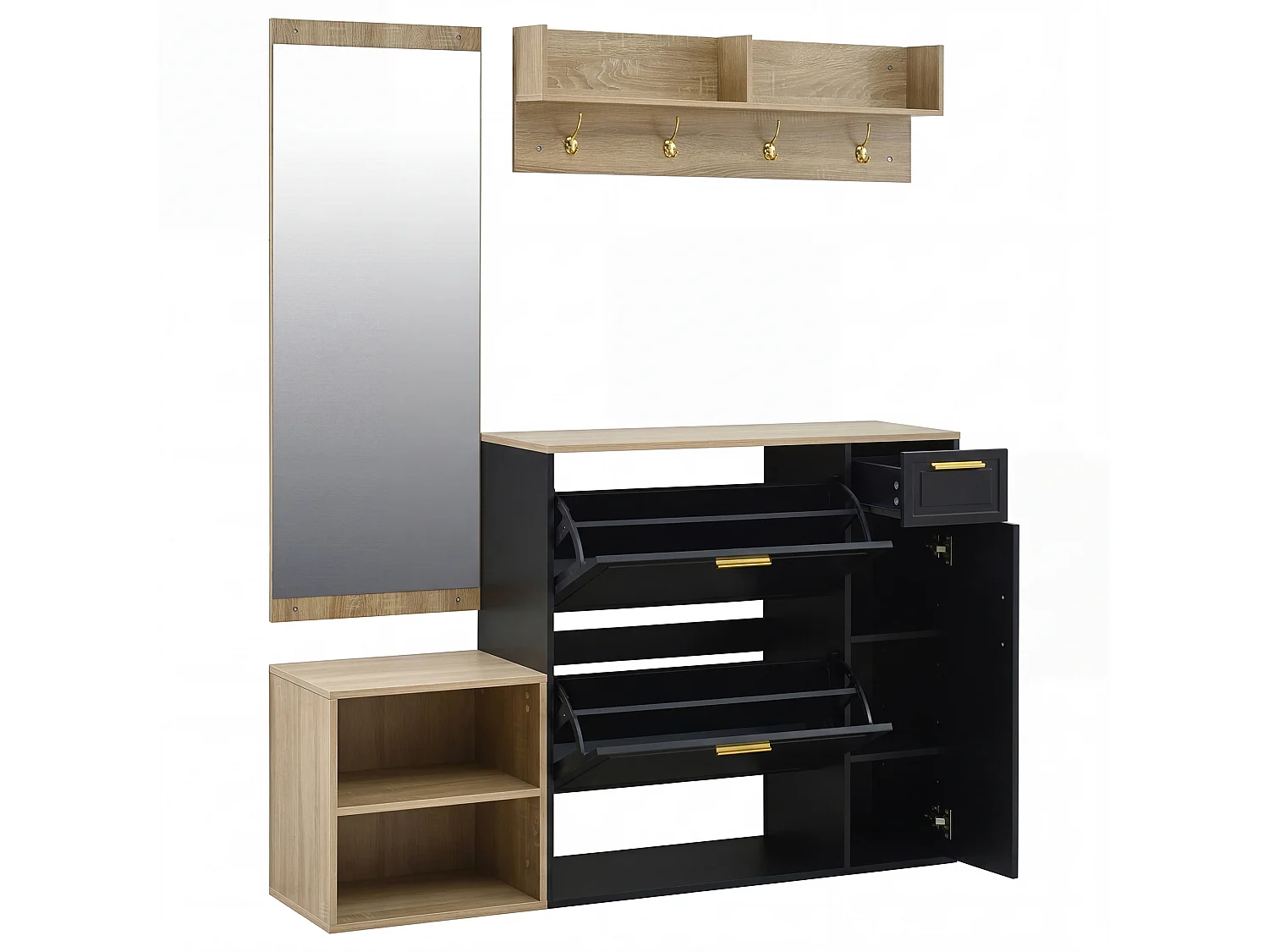 Set da 4 pezzi: scarpiera, panca, appendiabiti a parete e specchio - Nero e legno