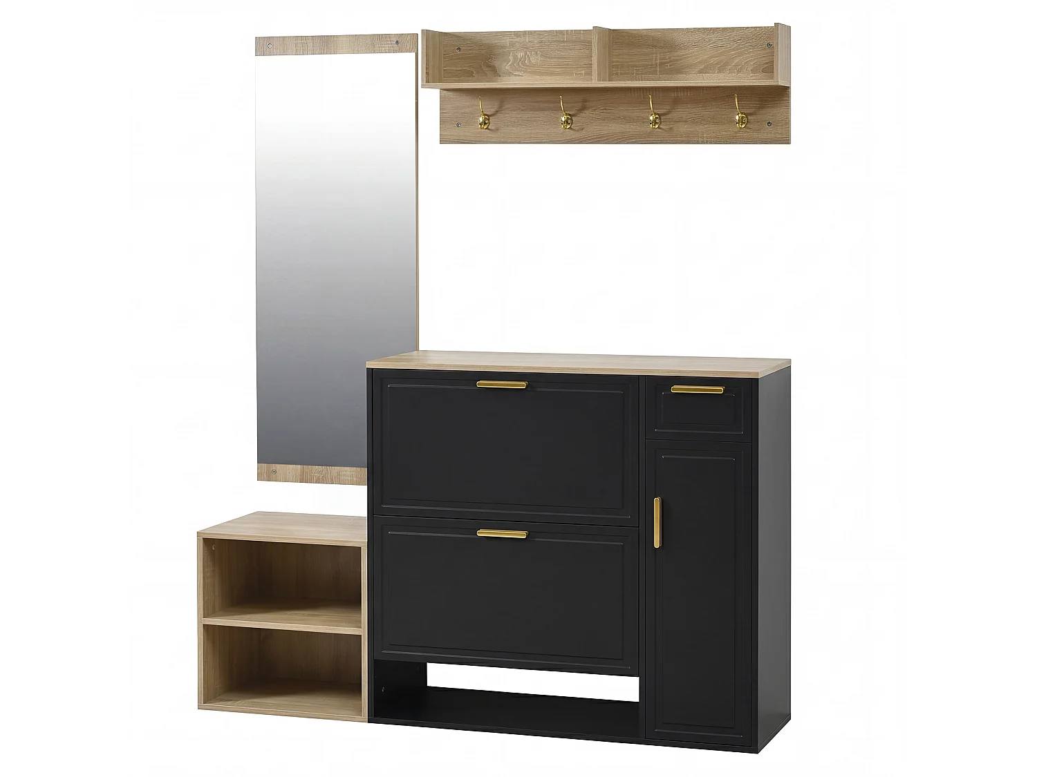 Set da 4 pezzi: scarpiera, panca, appendiabiti a parete e specchio - Nero e legno