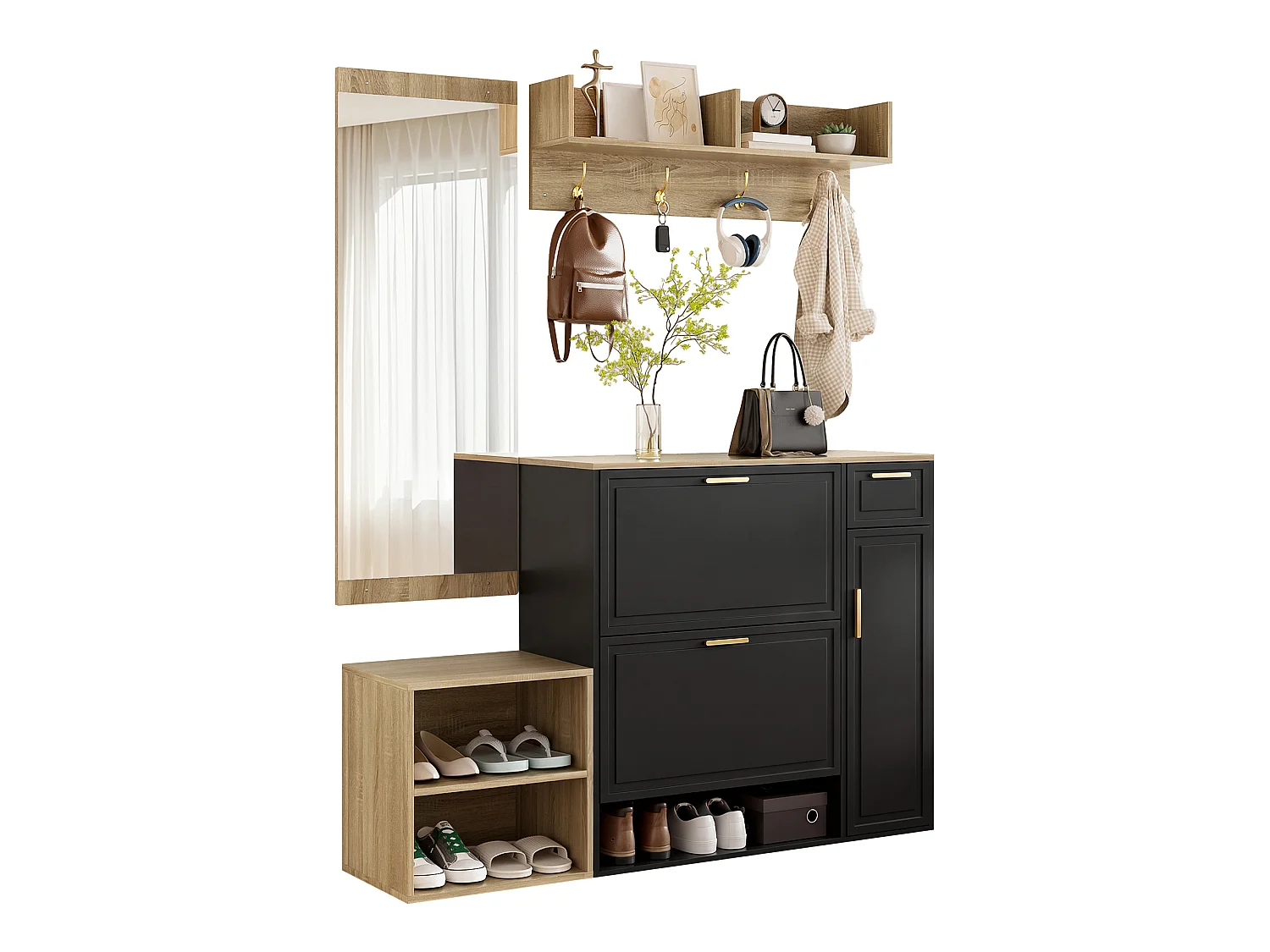 Set da 4 pezzi: scarpiera, panca, appendiabiti a parete e specchio - Nero e legno