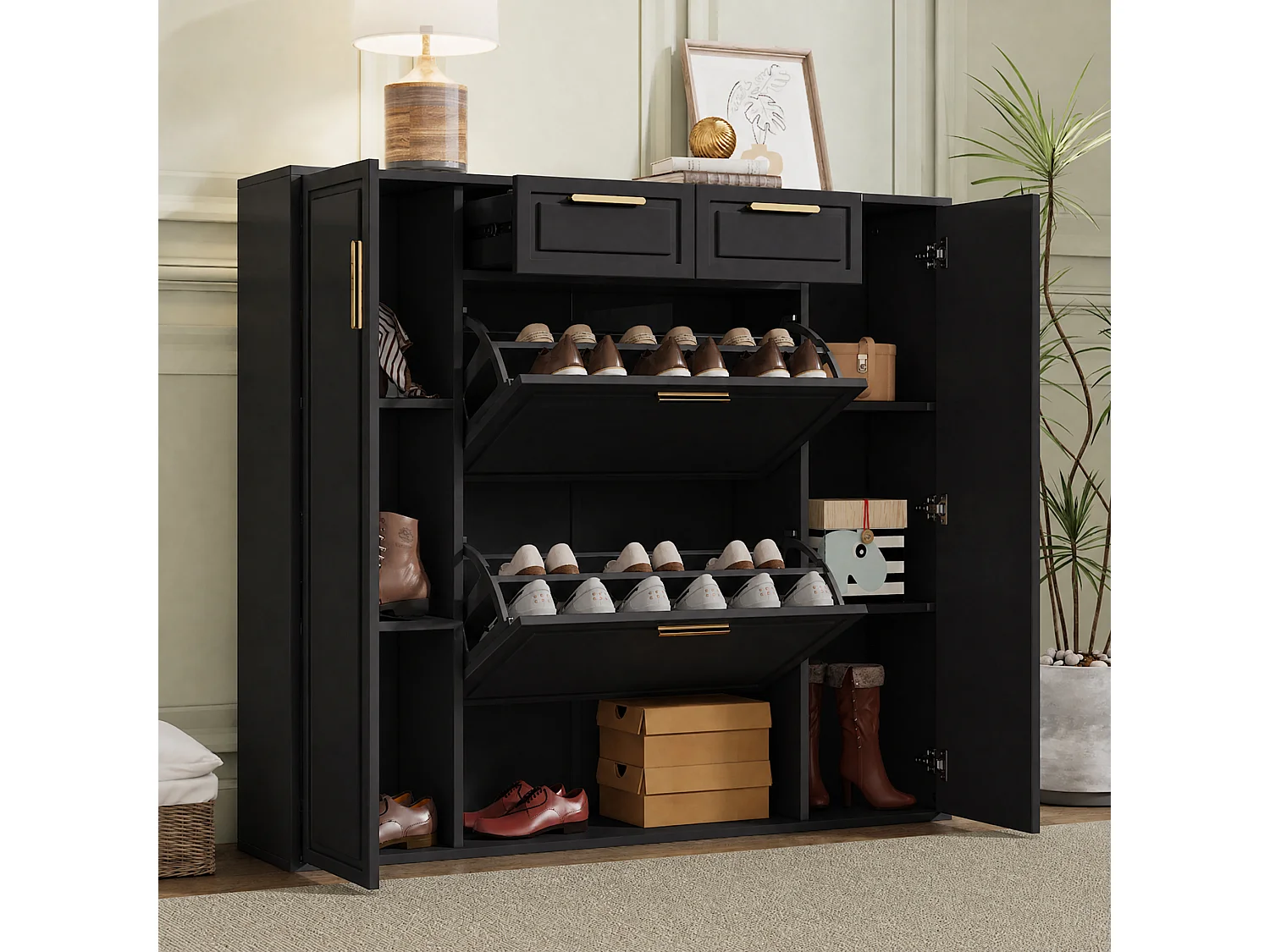 Meuble à chaussures avec étagères réglables, 2 tiroirs et 4 portes - Noir 120 x 24 x107 cm