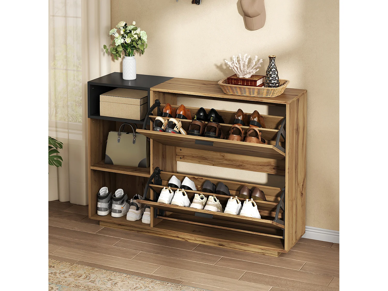 Schuhschrank 120x32x84,5 cm - 2 Klapptüren und 3 offene Regale - Holzoptik - MDF - Natur + Schwarz